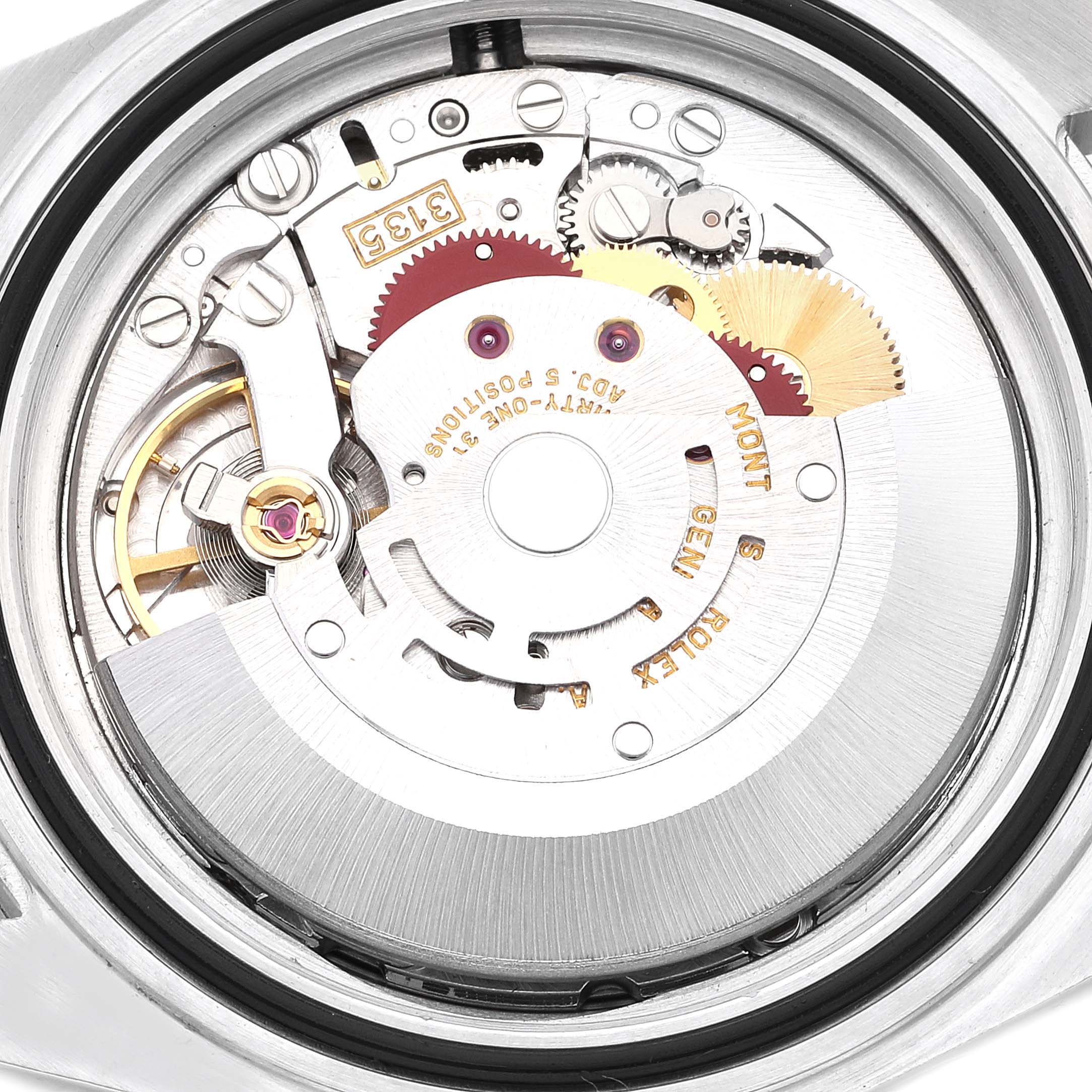 This image shows the internal mechanism of a Rolex Submariner 16610 Men
s Stainless Steel Black Dial 16610 Men
s Stainless Steel Black Dial watch from a straight-on angle.