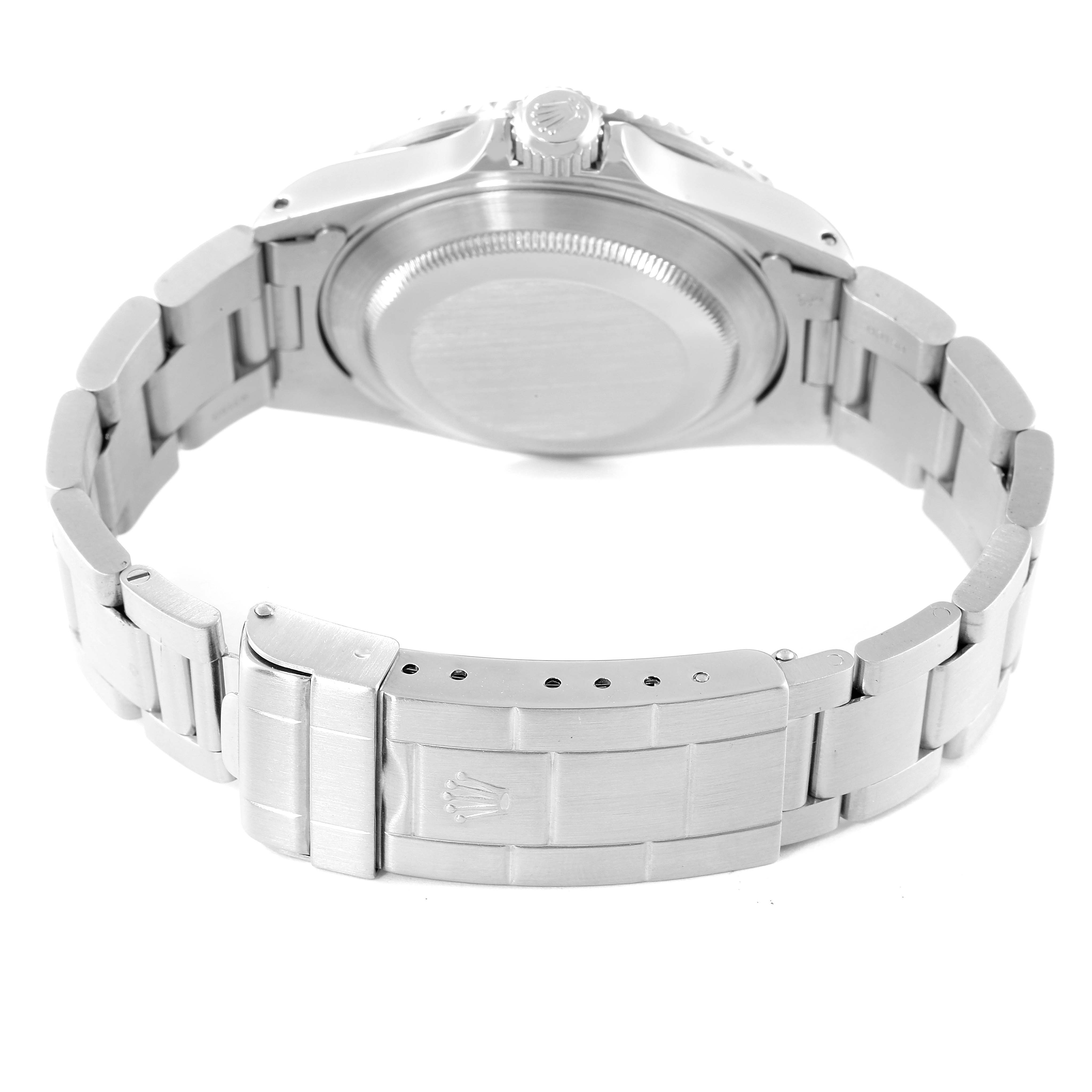 The image shows the back view of a Rolex Submariner 16610 Men
s Stainless Steel Black Dial 16610 Men
s Stainless Steel Black Dial watch, highlighting the case back, bracelet, and clasp.