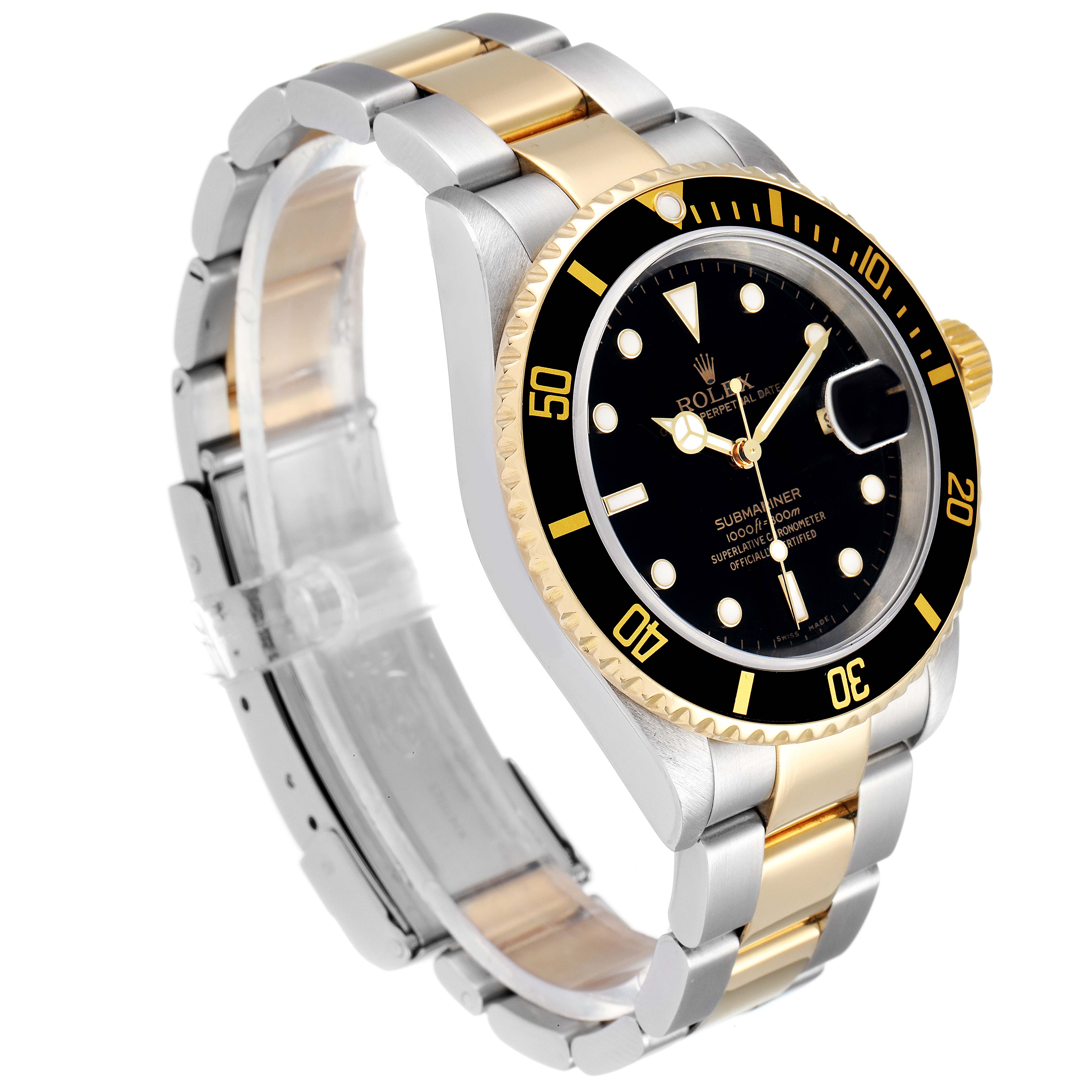 This image features a side angle view of a Rolex Submariner 16613 Men's Steel and Gold (two tone) Black Dial 16613 Men's Steel and Gold (two tone) Black Dial watch, showing its two-tone bracelet, black dial, and bezel.