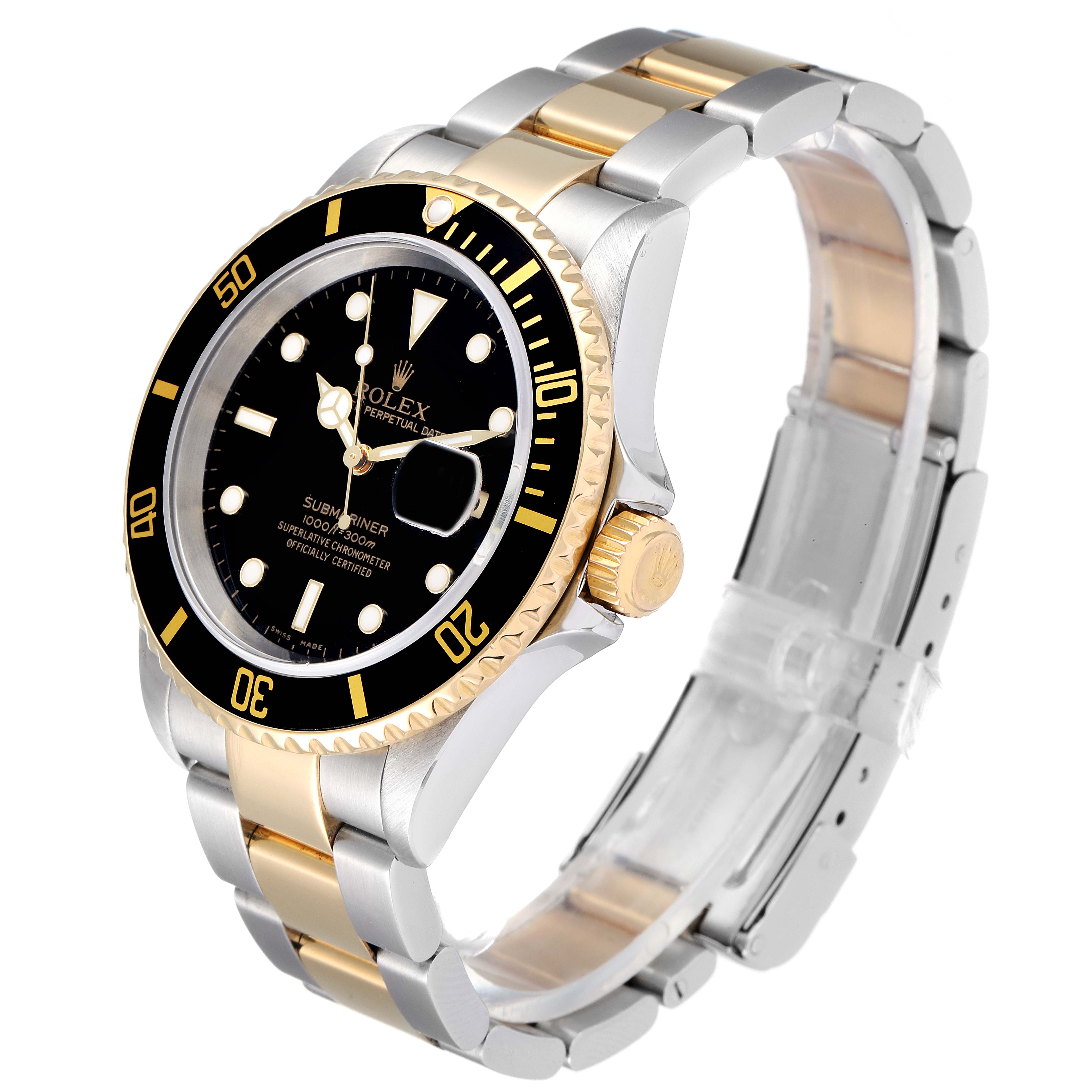 This image shows the Rolex Submariner 16613 Men's Steel and Gold (two tone) Black Dial 16613 Men's Steel and Gold (two tone) Black Dial watch at a side angle, highlighting the bezel, dial, crown, and two-tone bracelet.