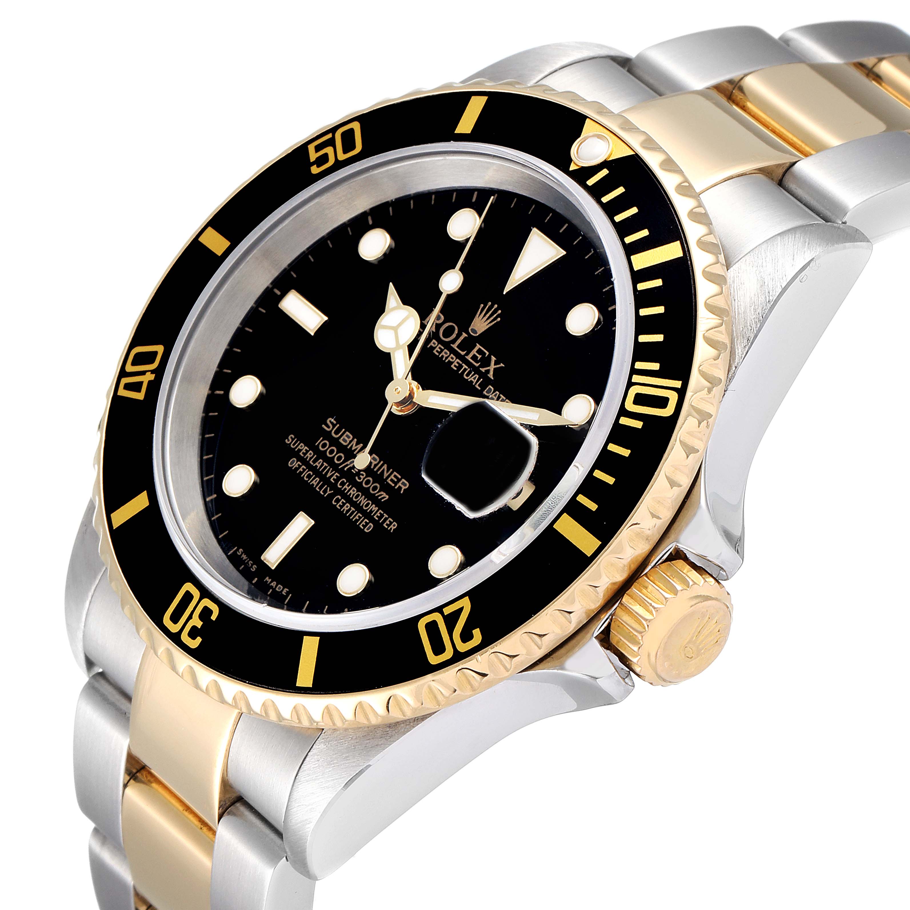 The Rolex Submariner 16613 Men's Steel and Gold (two tone) Black Dial 16613 Men's Steel and Gold (two tone) Black Dial watch is shown at an angle highlighting its black dial, gold bezel, and two-tone bracelet.