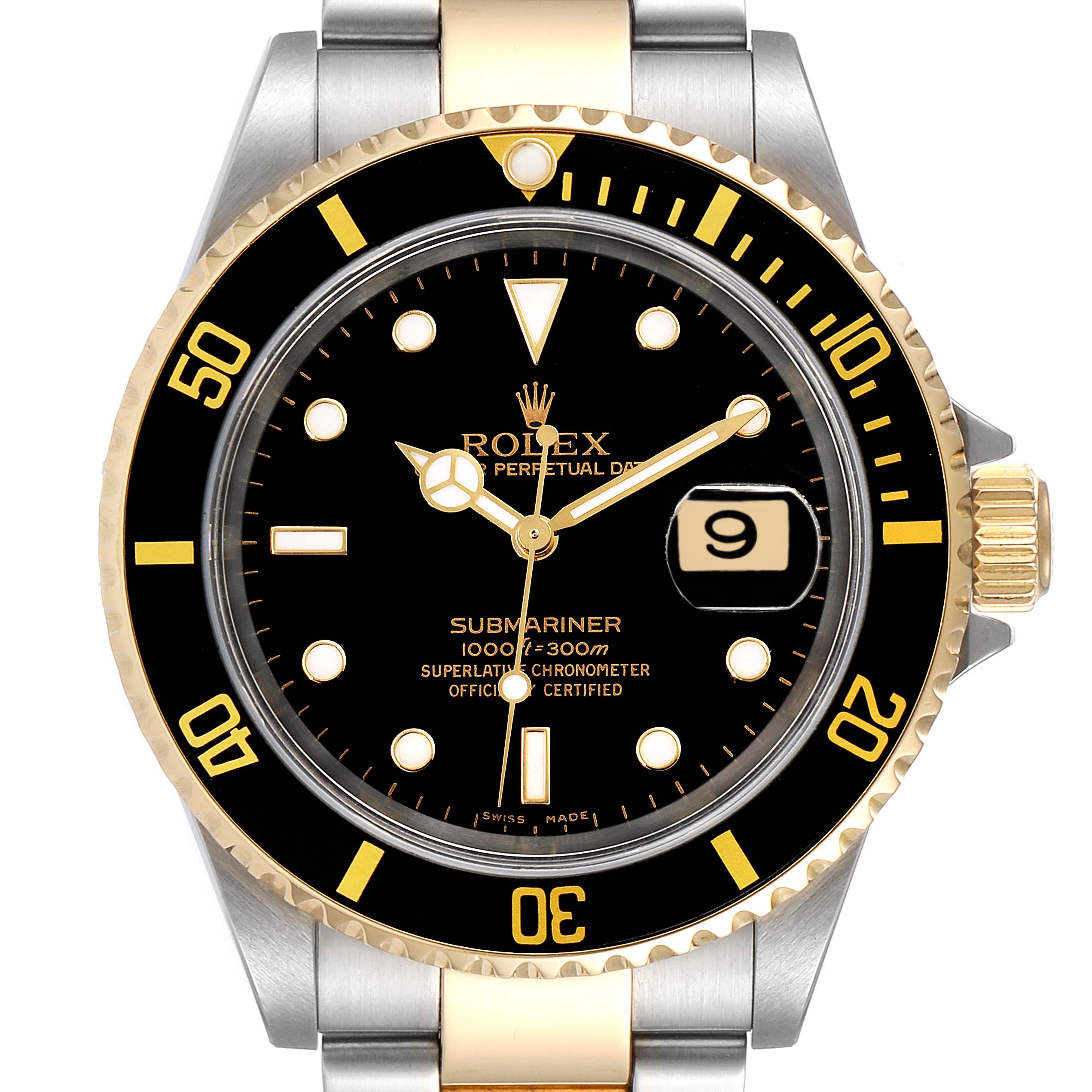 The image shows a front view of the Rolex Submariner 16613 Men's Steel and Gold (two tone) Black Dial 16613 Men's Steel and Gold (two tone) Black Dial watch, showcasing its black dial, bezel, and date display.
