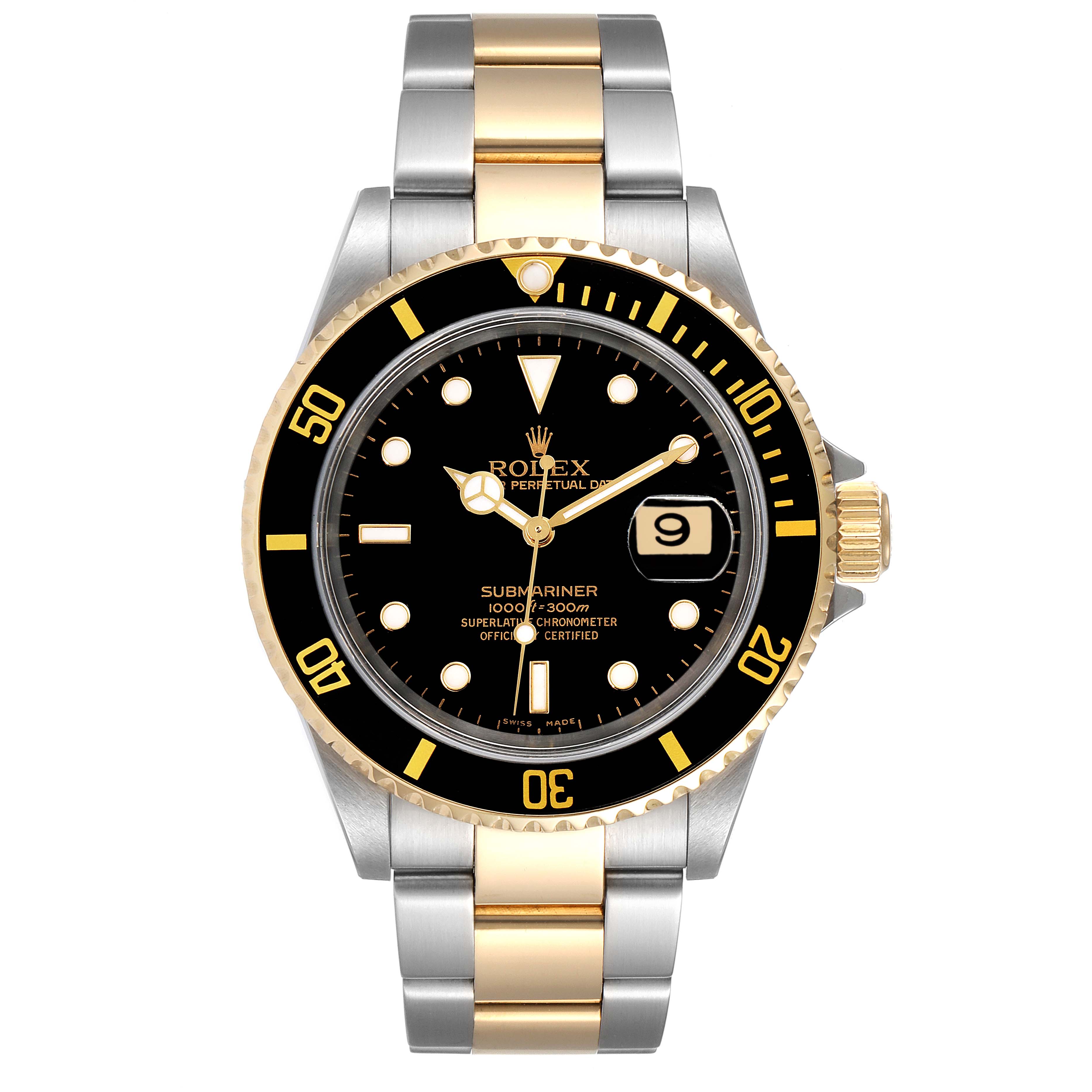 The Rolex Submariner 16613 Men's Steel and Gold (two tone) Black Dial 16613 Men's Steel and Gold (two tone) Black Dial watch is shown from a top-down angle, displaying its black dial, bezel, and two-tone bracelet.