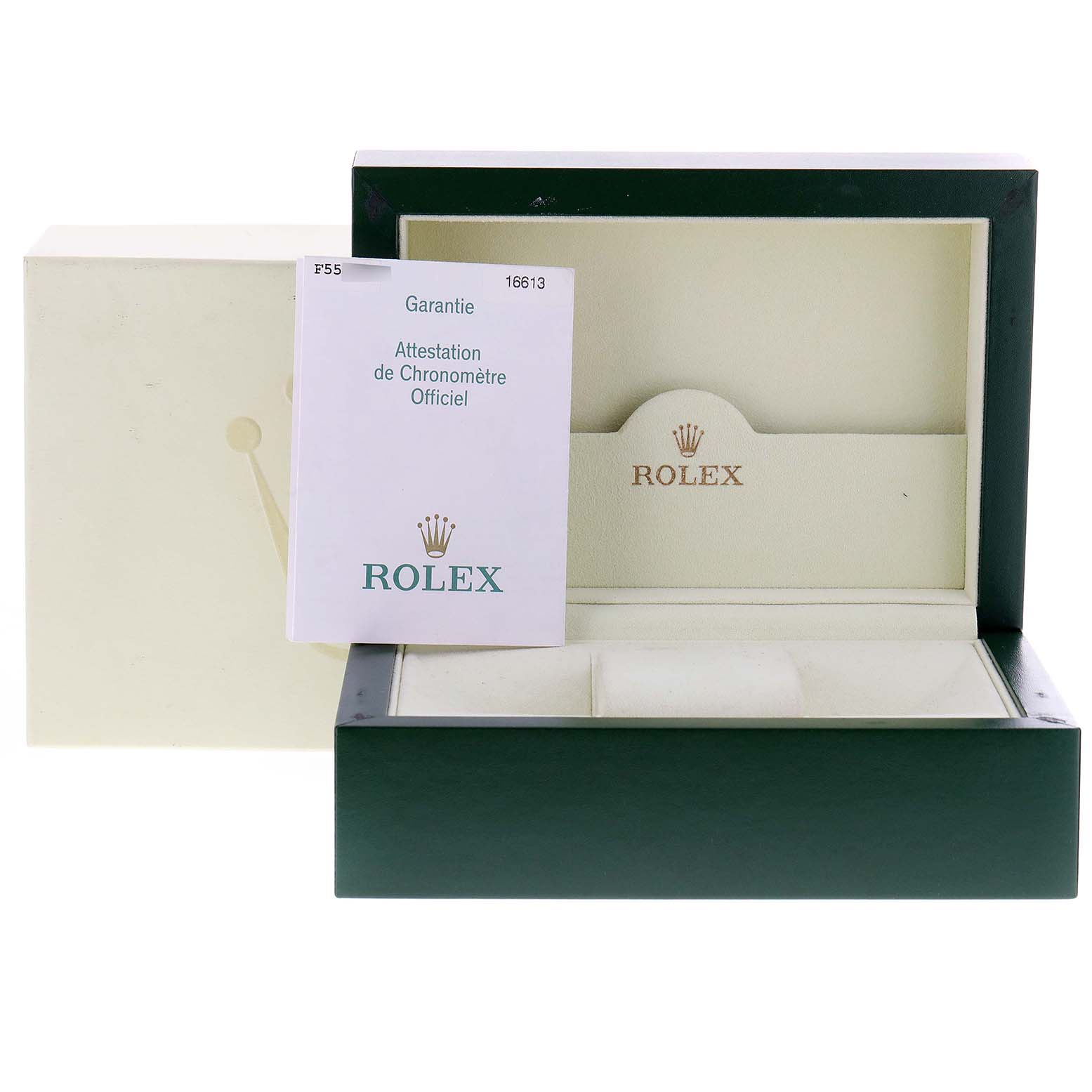 The image shows an empty Rolex Submariner 16613 Men
s Steel and Gold (two tone) Blue Dial 16613 Men
s Steel and Gold (two tone) Blue Dial watch box and a warranty card, viewed from a front angle.