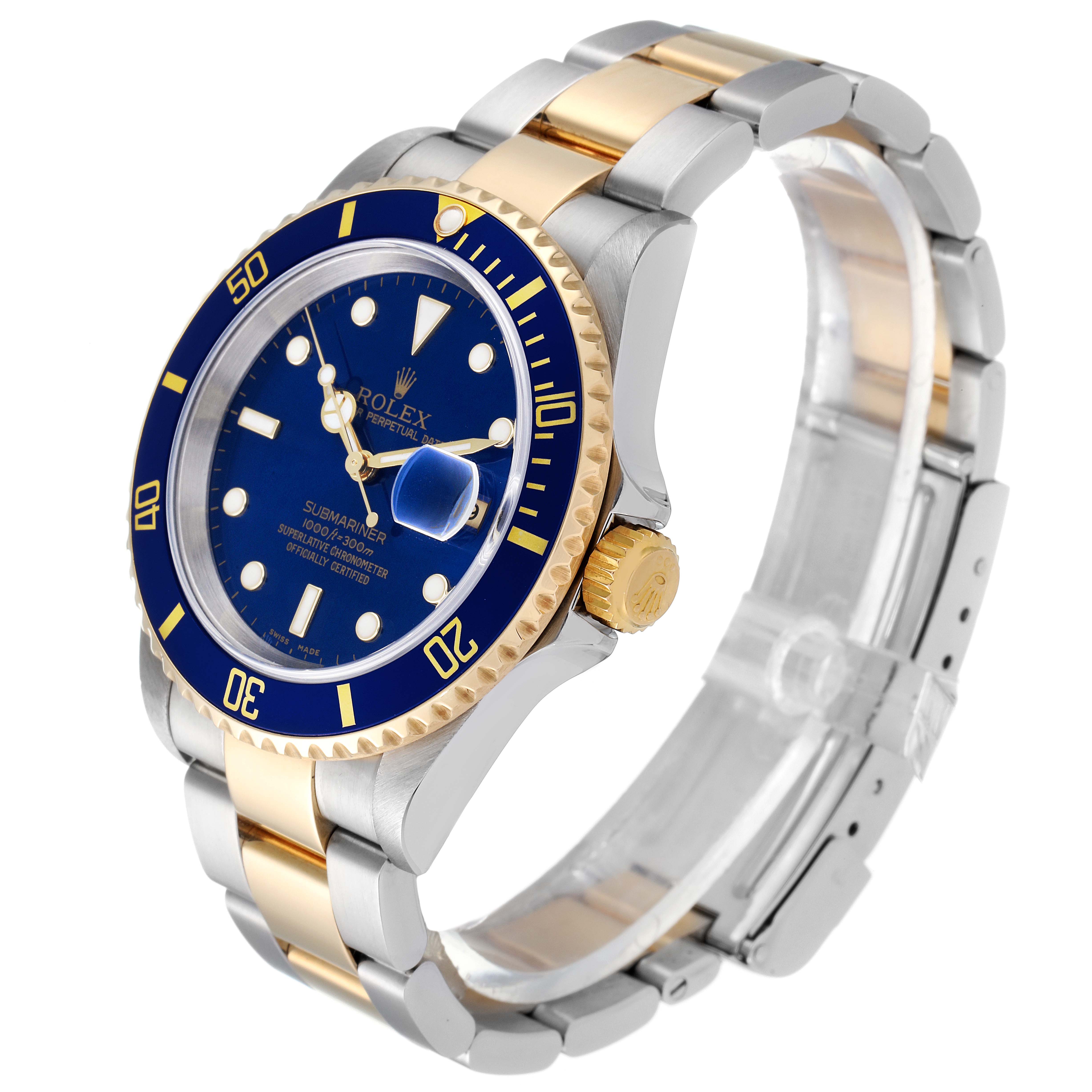 The image shows a Rolex Submariner 16613 Men
s Steel and Gold (two tone) Blue Dial 16613 Men
s Steel and Gold (two tone) Blue Dial watch at a three-quarter angle highlighting the dial, bezel, crown, and two-tone bracelet.