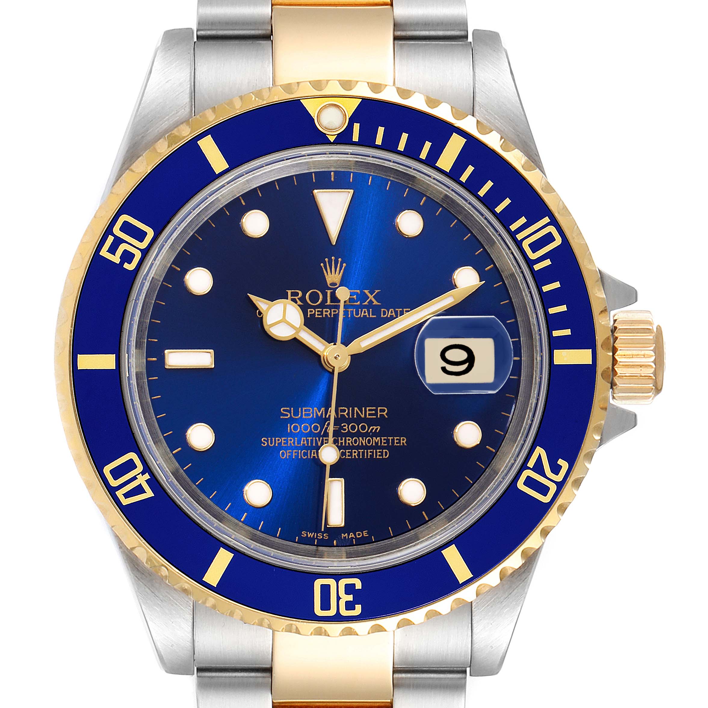 This image shows a close-up, front angle of a Rolex Submariner 16613 Men
s Steel and Gold (two tone) Blue Dial 16613 Men
s Steel and Gold (two tone) Blue Dial watch, highlighting its blue dial, bezel, and date display.