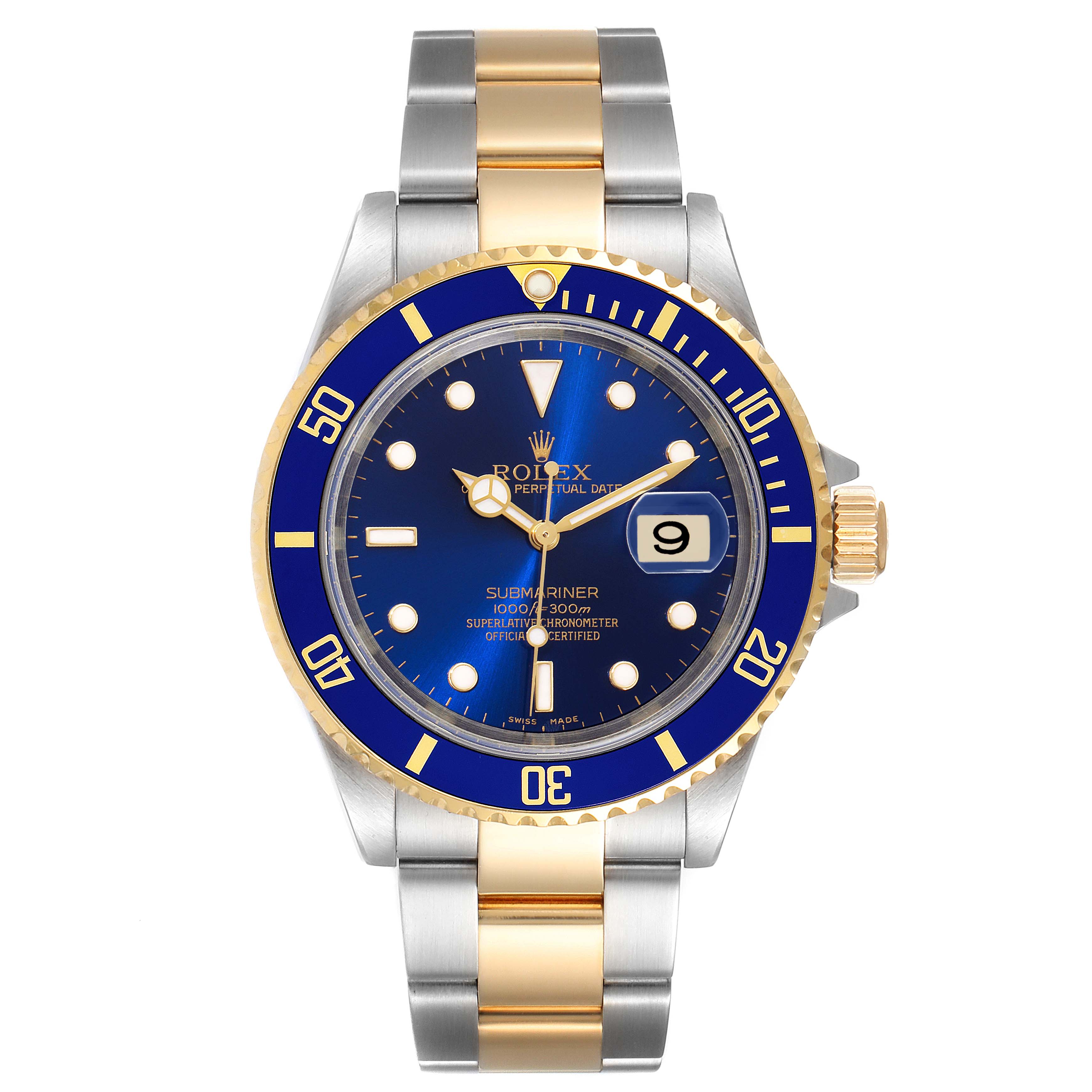The image shows a front view of the Rolex Submariner 16613 Men
s Steel and Gold (two tone) Blue Dial 16613 Men
s Steel and Gold (two tone) Blue Dial watch featuring a blue dial and a two-tone silver and gold bracelet.