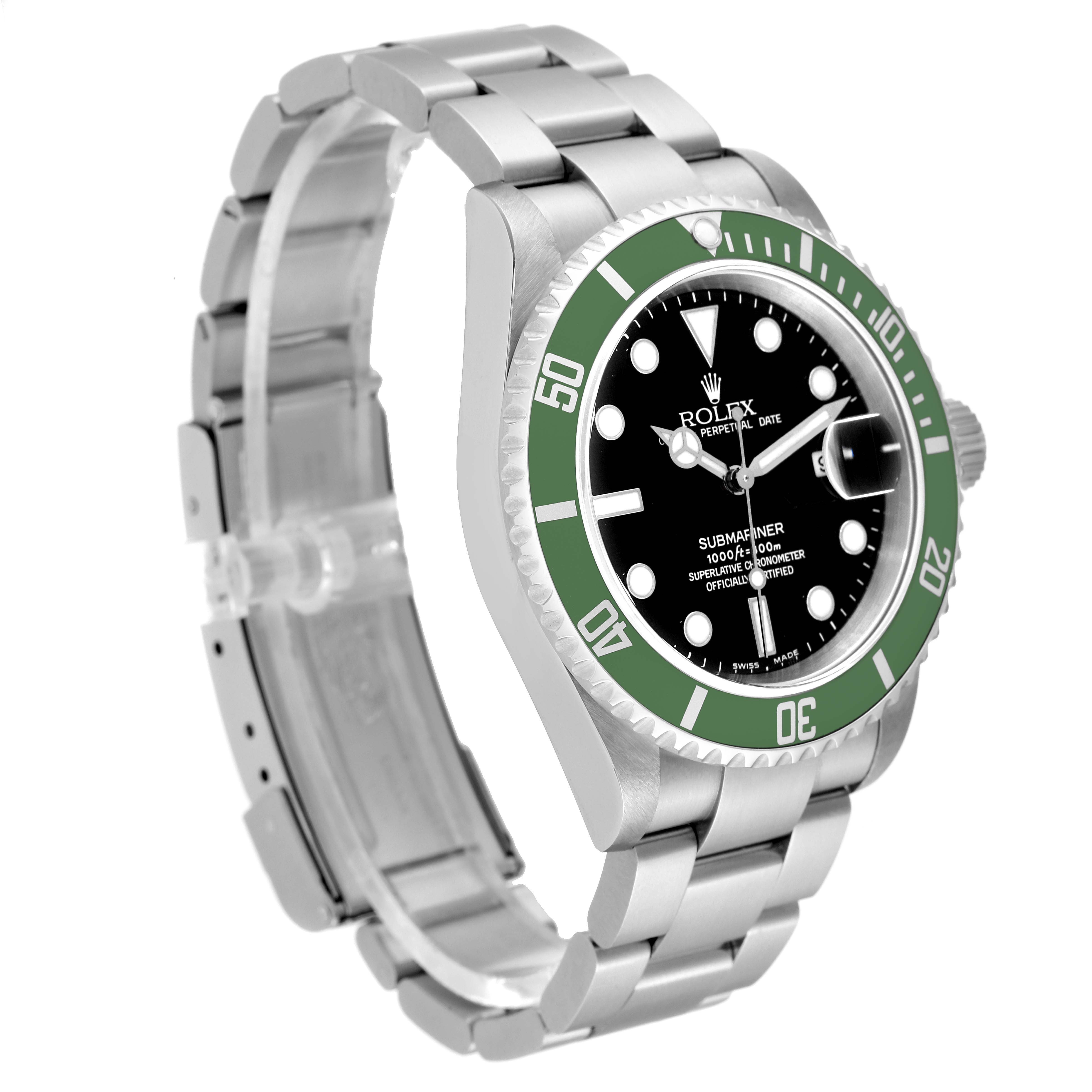 The image shows a side angle of the Rolex Submariner 16610LV Men's Stainless Steel Black Dial 16610LV Men's Stainless Steel Black Dial, displaying the watch face, bezel, bracelet, and crown.