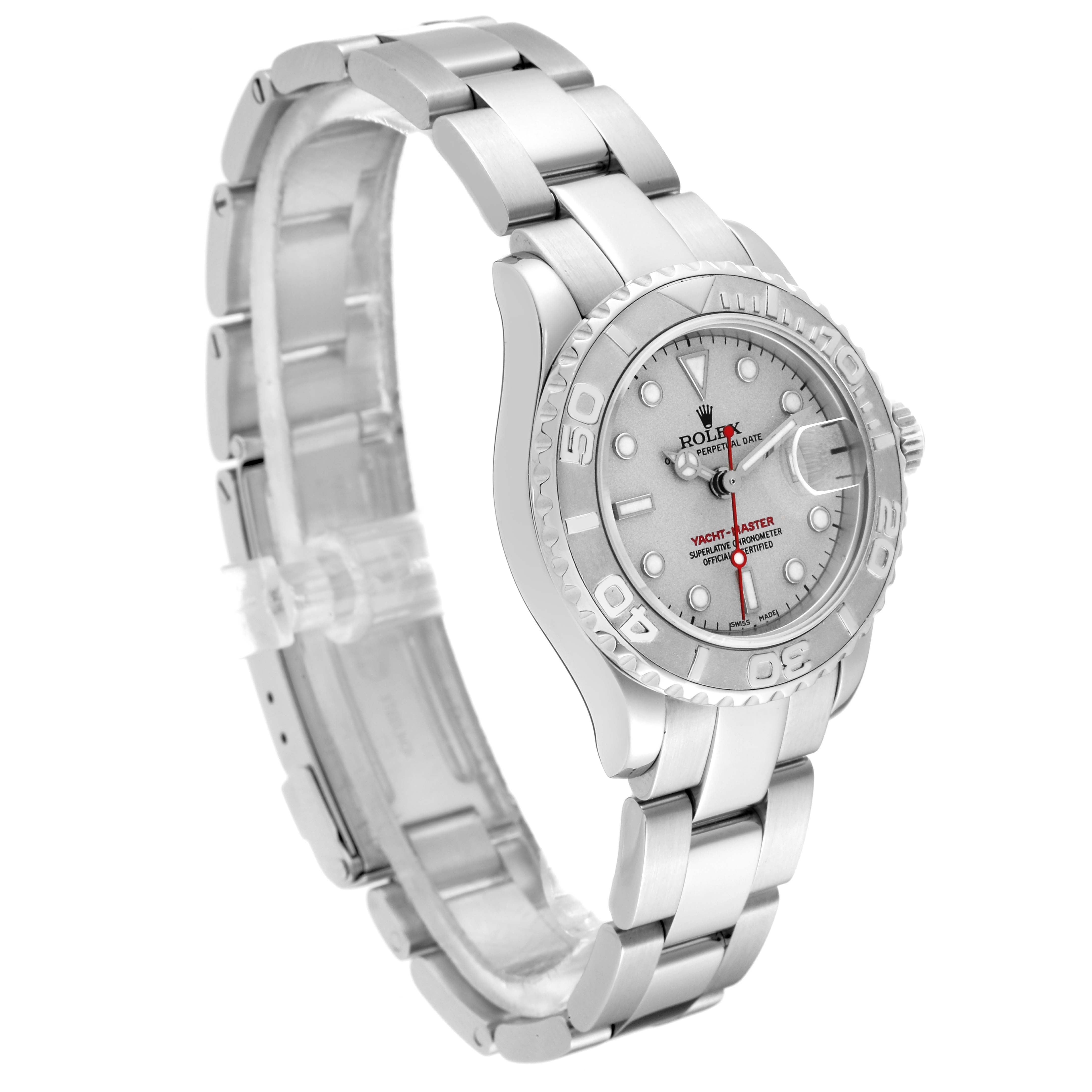 The image shows a Yacht-Master model by Rolex at an angled side view, highlighting the bracelet, bezel, and face.