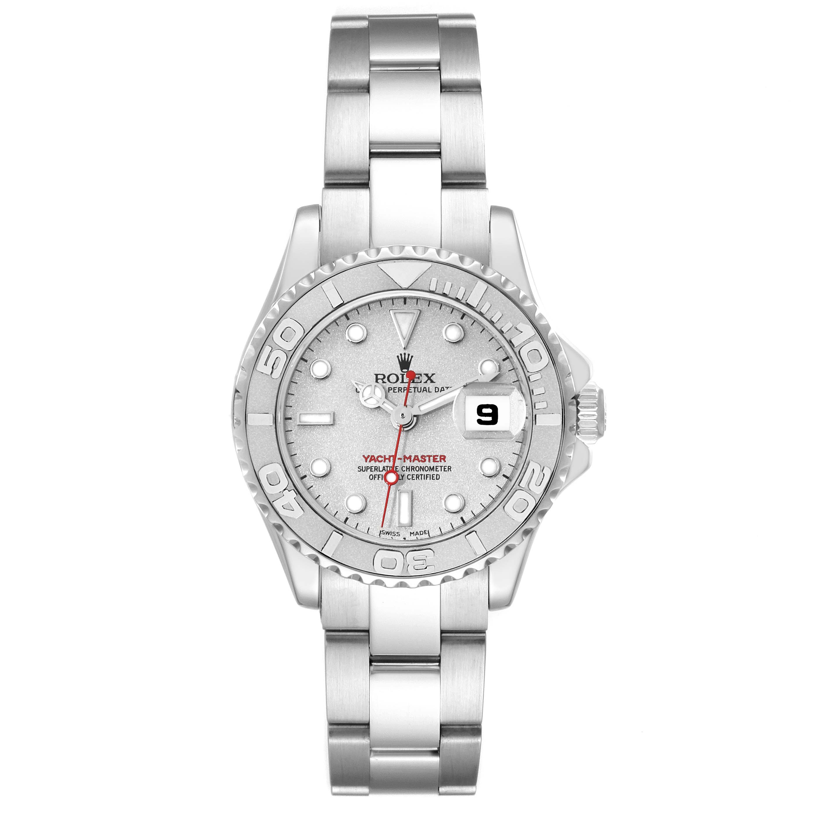 This Rolex Yacht-Master 169622 Women
s Stainless Steel Silver Dial 169622 Women
s Stainless Steel Silver Dial watch is shown from a front angle, displaying its face, bezel, crown, and bracelet.
