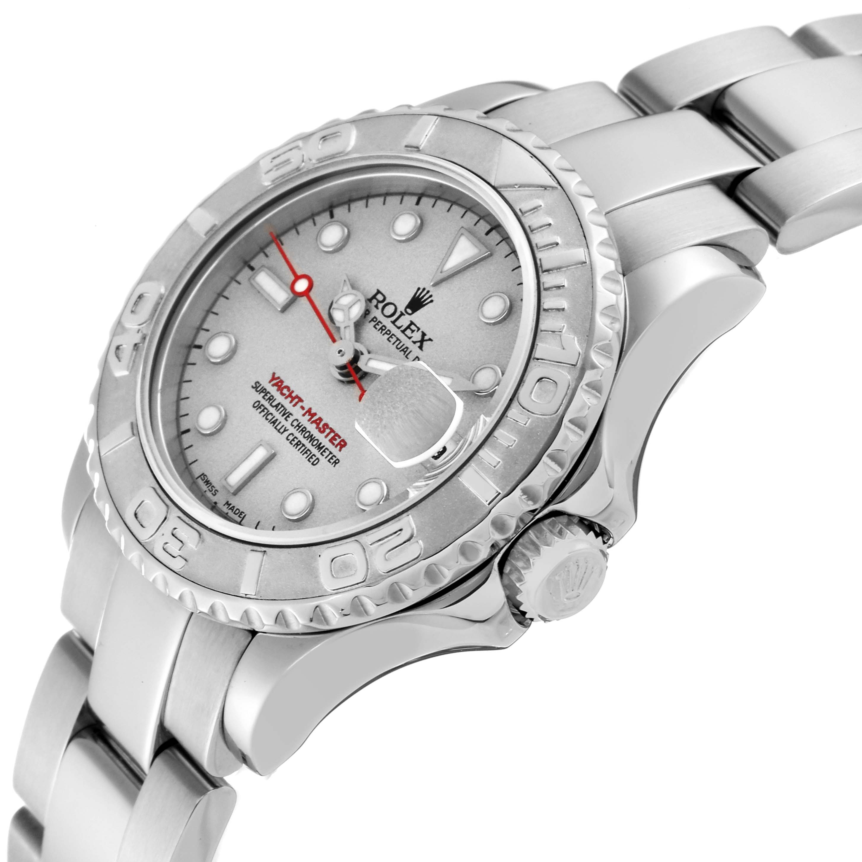 This image shows a close-up, angled view of the Rolex Yacht-Master 169622 Women
s Stainless Steel Silver Dial 169622 Women
s Stainless Steel Silver Dial watch, highlighting its face, bezel, and part of the bracelet.