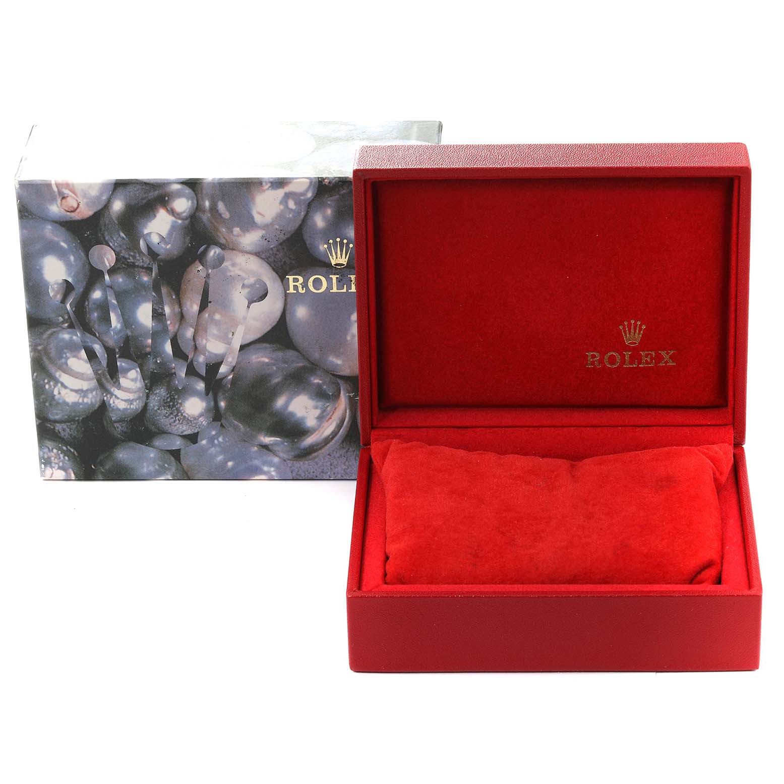 The image shows the packaging for a Rolex Yacht-Master 169622 Women
s Stainless Steel Silver Dial 169622 Women
s Stainless Steel Silver Dial watch, including an ornate outer box and an open red inner box with a padded interior.