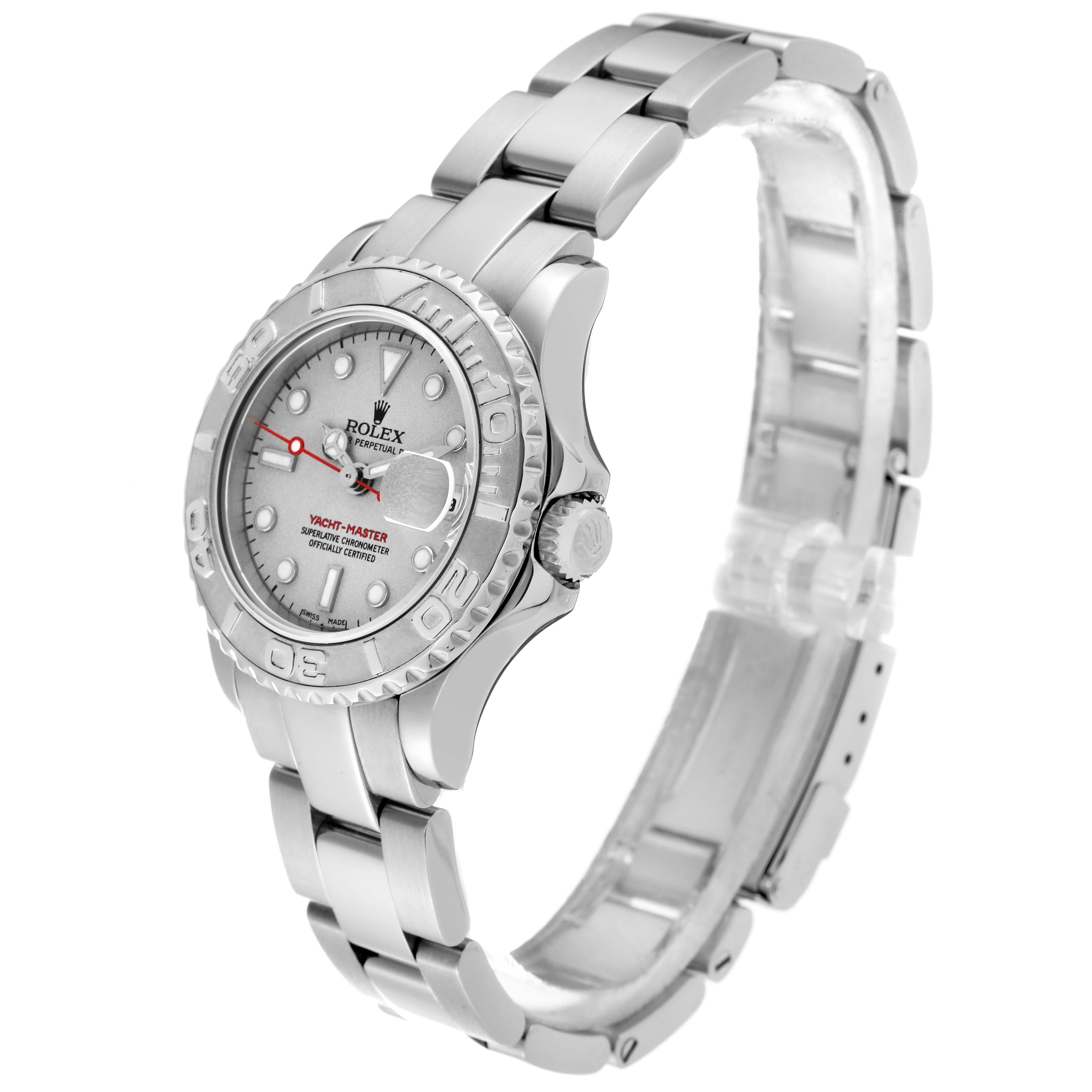 The image shows a Rolex Yacht-Master 169622 Women
s Stainless Steel Silver Dial 169622 Women
s Stainless Steel Silver Dial watch from a 3/4 angle, highlighting the dial, bezel, bracelet, and clasp.