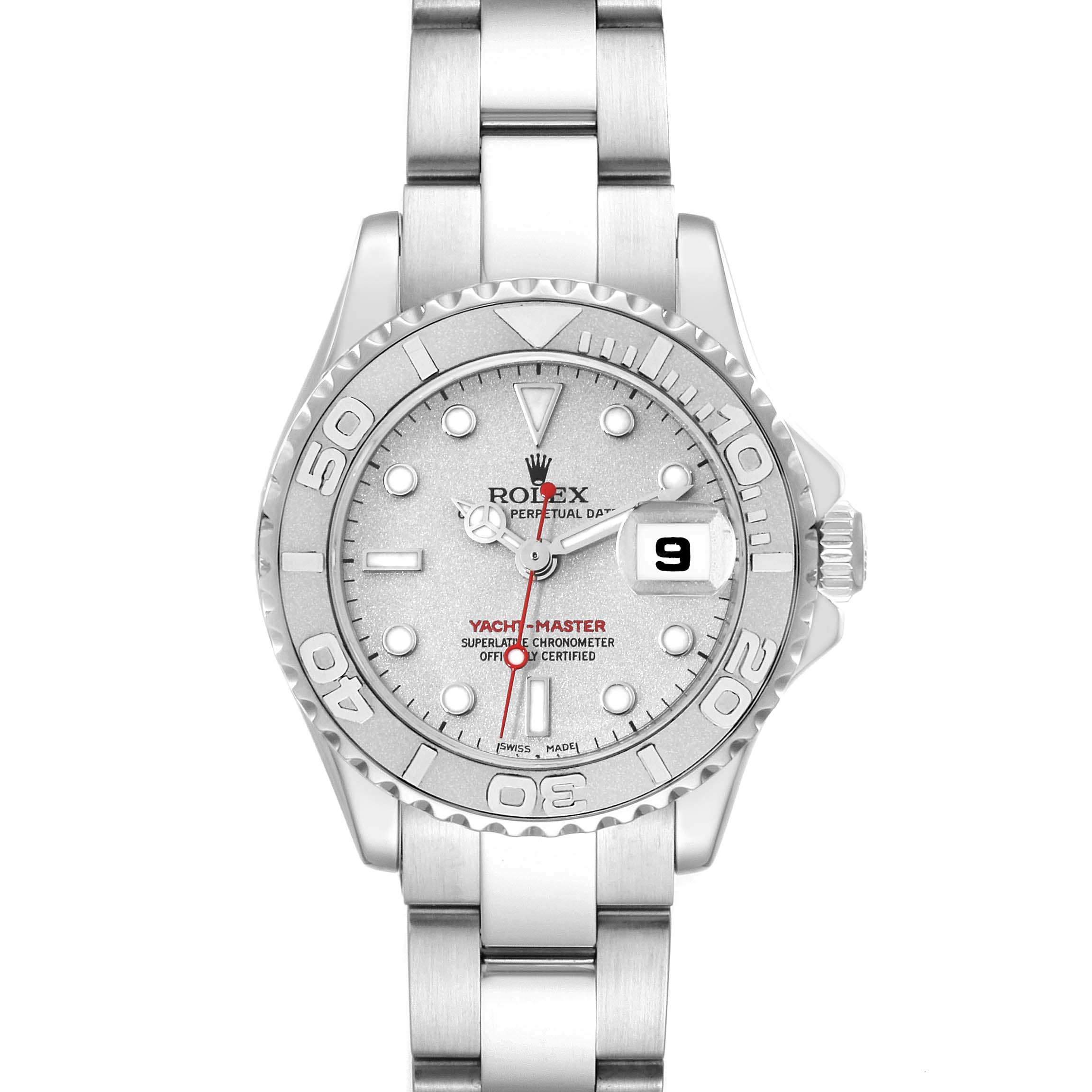 The image shows a front view of a Rolex Yacht-Master 169622 Women
s Stainless Steel Silver Dial 169622 Women
s Stainless Steel Silver Dial watch, highlighting the face, bezel, and bracelet.