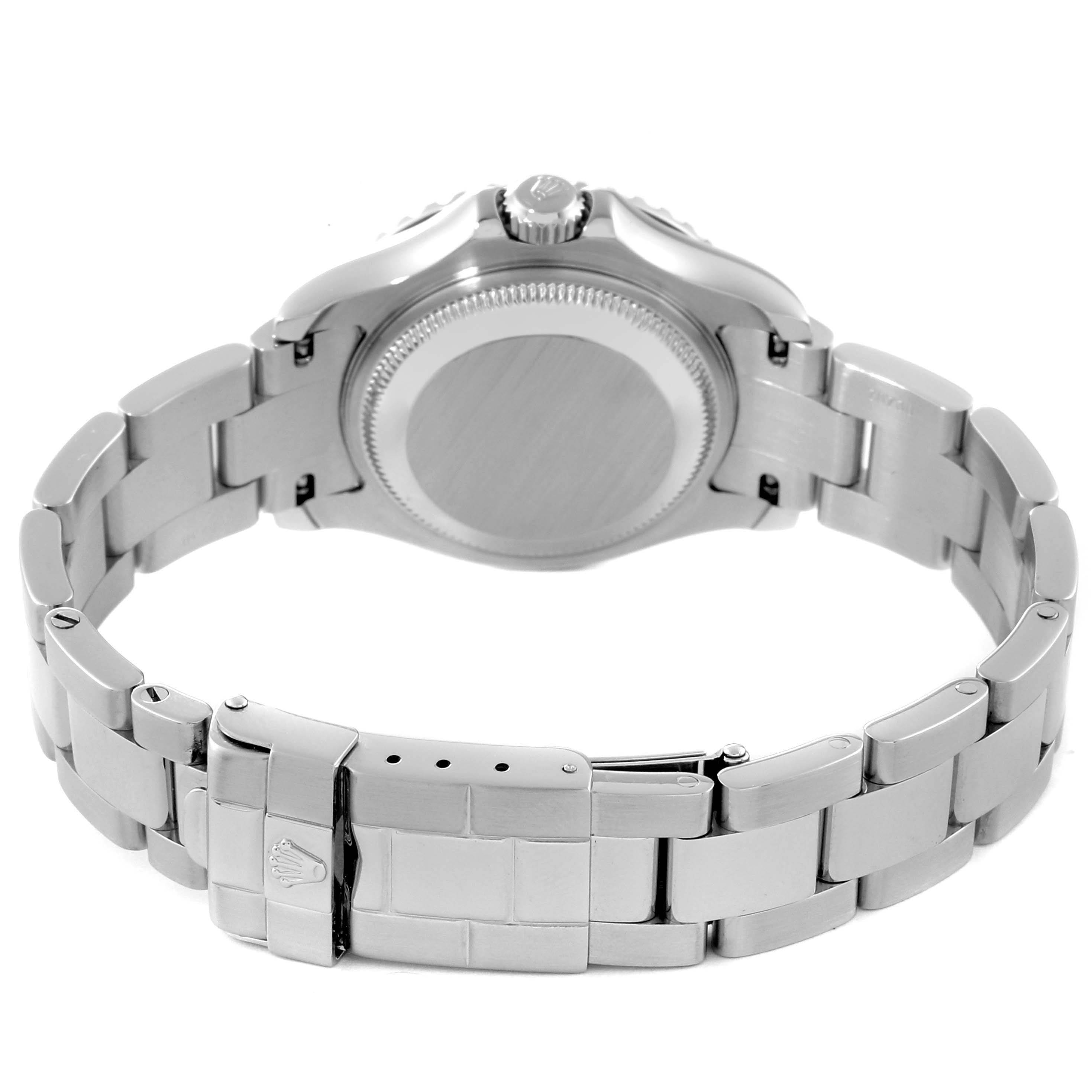 The image shows the back view of a Rolex Yacht-Master 169622 Women
s Stainless Steel Silver Dial 169622 Women
s Stainless Steel Silver Dial watch, highlighting the bracelet and clasp.