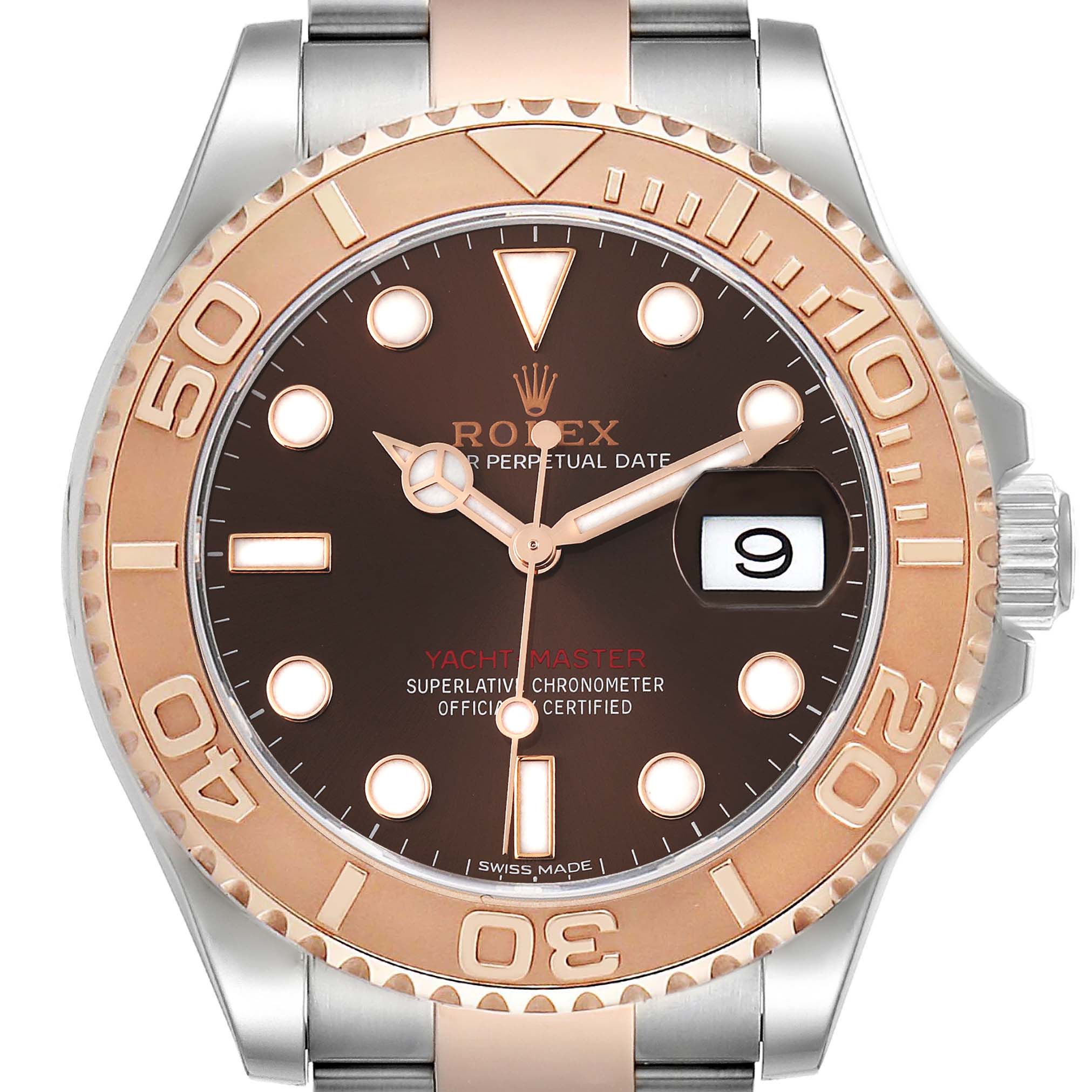 The image shows a front view of a Rolex Yacht-Master 116621 Men's Steel and Gold (two tone) Brown Dial 116621 Men's Steel and Gold (two tone) Brown Dial watch, highlighting the dial, bezel, date window, and parts of the bracelet.