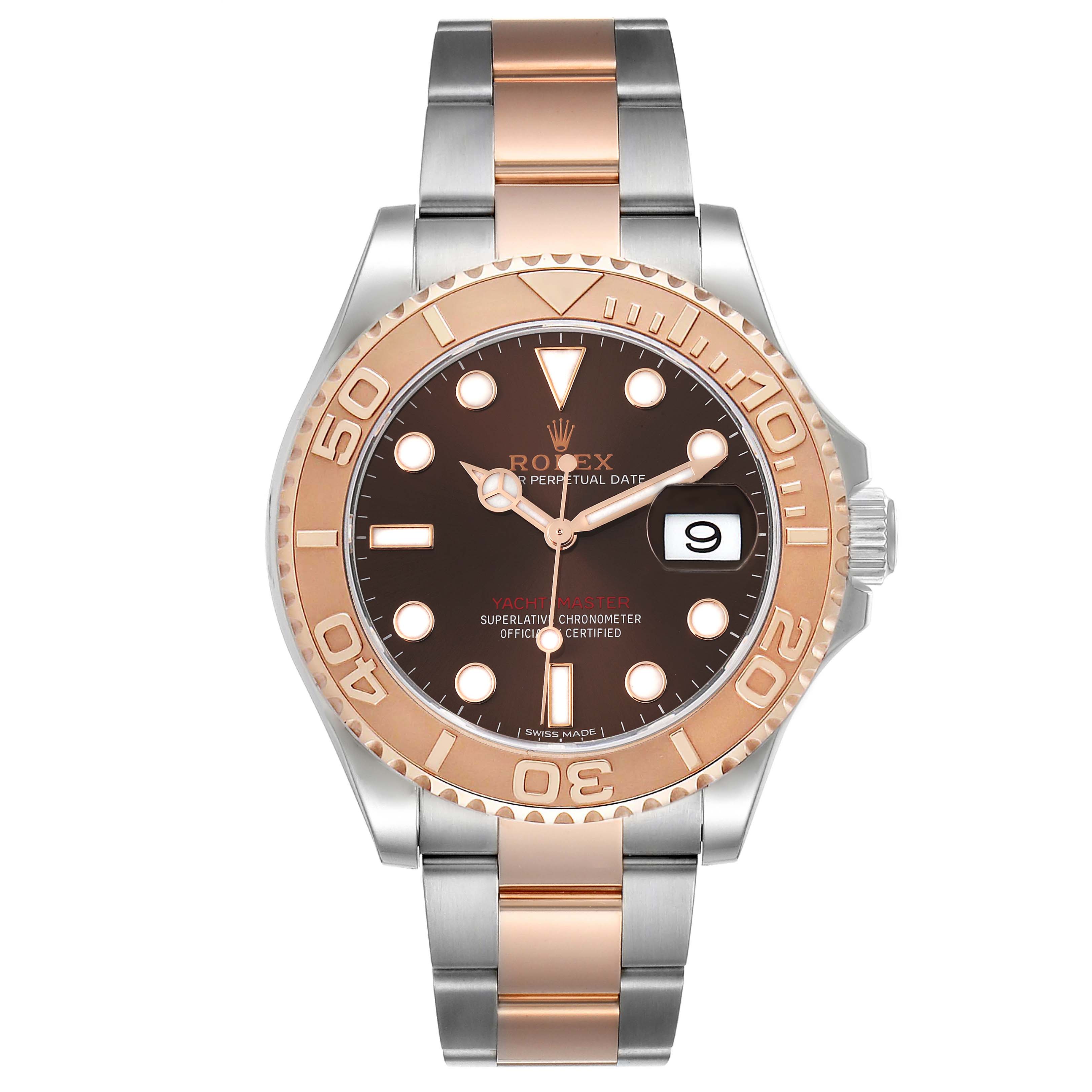 The image shows the front view of a Rolex Yacht-Master 116621 Men's Steel and Gold (two tone) Brown Dial 116621 Men's Steel and Gold (two tone) Brown Dial watch, highlighting the dial, bezel, and two-tone bracelet.