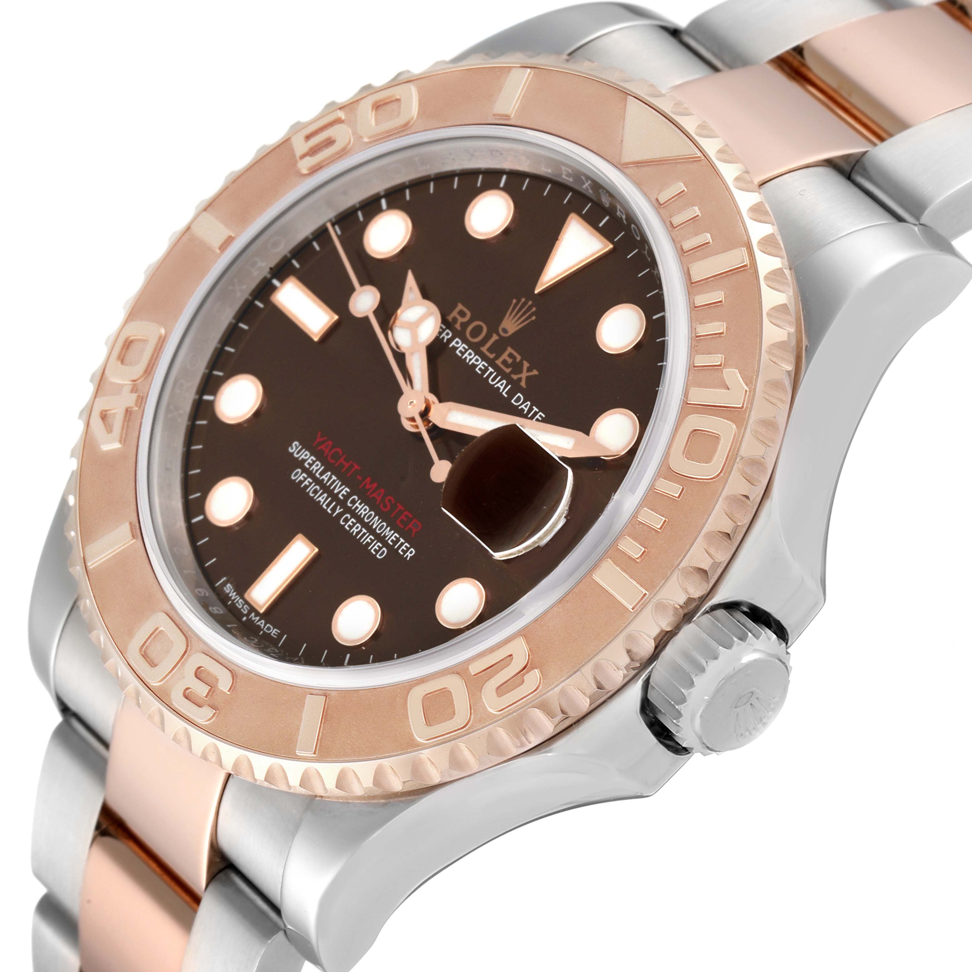 The image shows a close-up view of the Rolex Yacht-Master 116621 Men's Steel and Gold (two tone) Brown Dial 116621 Men's Steel and Gold (two tone) Brown Dial watch, highlighting its dial, bezel, and part of the bracelet.