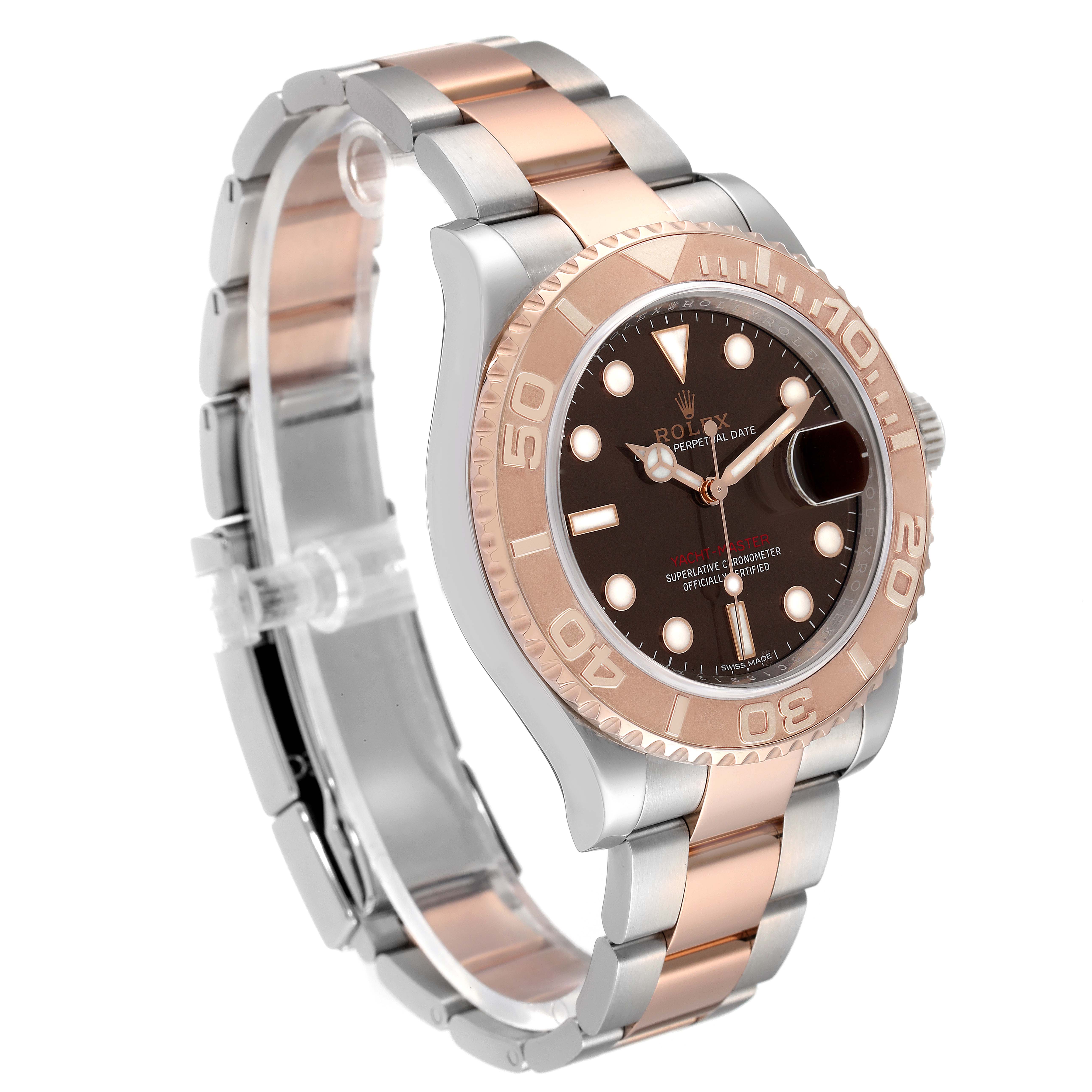 The Rolex Yacht-Master 116621 Men's Steel and Gold (two tone) Brown Dial 116621 Men's Steel and Gold (two tone) Brown Dial watch is shown at an oblique angle, displaying its face, bezel, and two-tone bracelet.