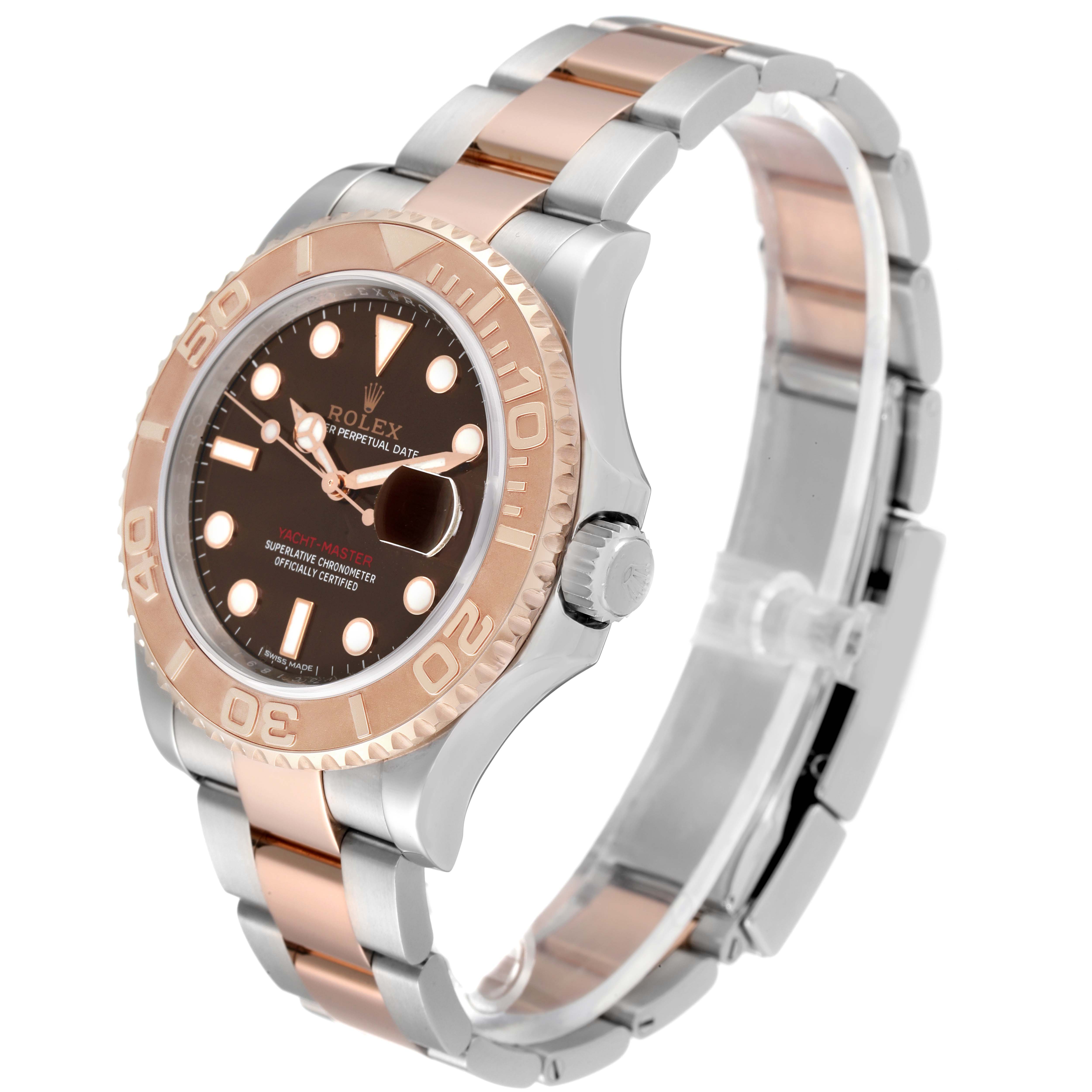 The Rolex Yacht-Master 116621 Men's Steel and Gold (two tone) Brown Dial 116621 Men's Steel and Gold (two tone) Brown Dial watch is shown in a three-quarter angle, highlighting the face, bezel, and bracelet with rose gold accents.