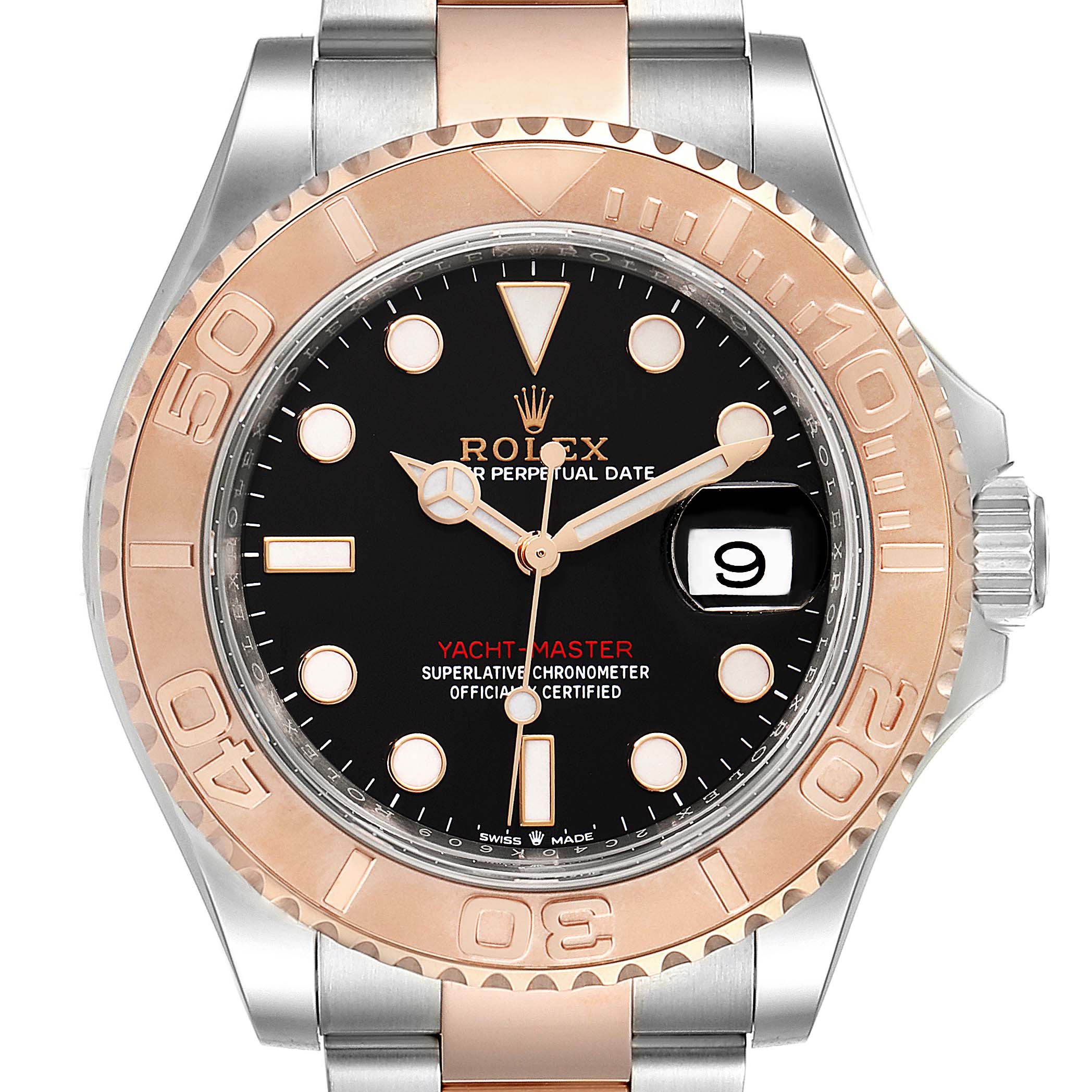 The image shows a front view of the Rolex Yacht-Master 126621 Men
s Steel and Gold (two tone) Black Dial 126621 Men
s Steel and Gold (two tone) Black Dial watch, highlighting the dial, bezel, and part of the bracelet.