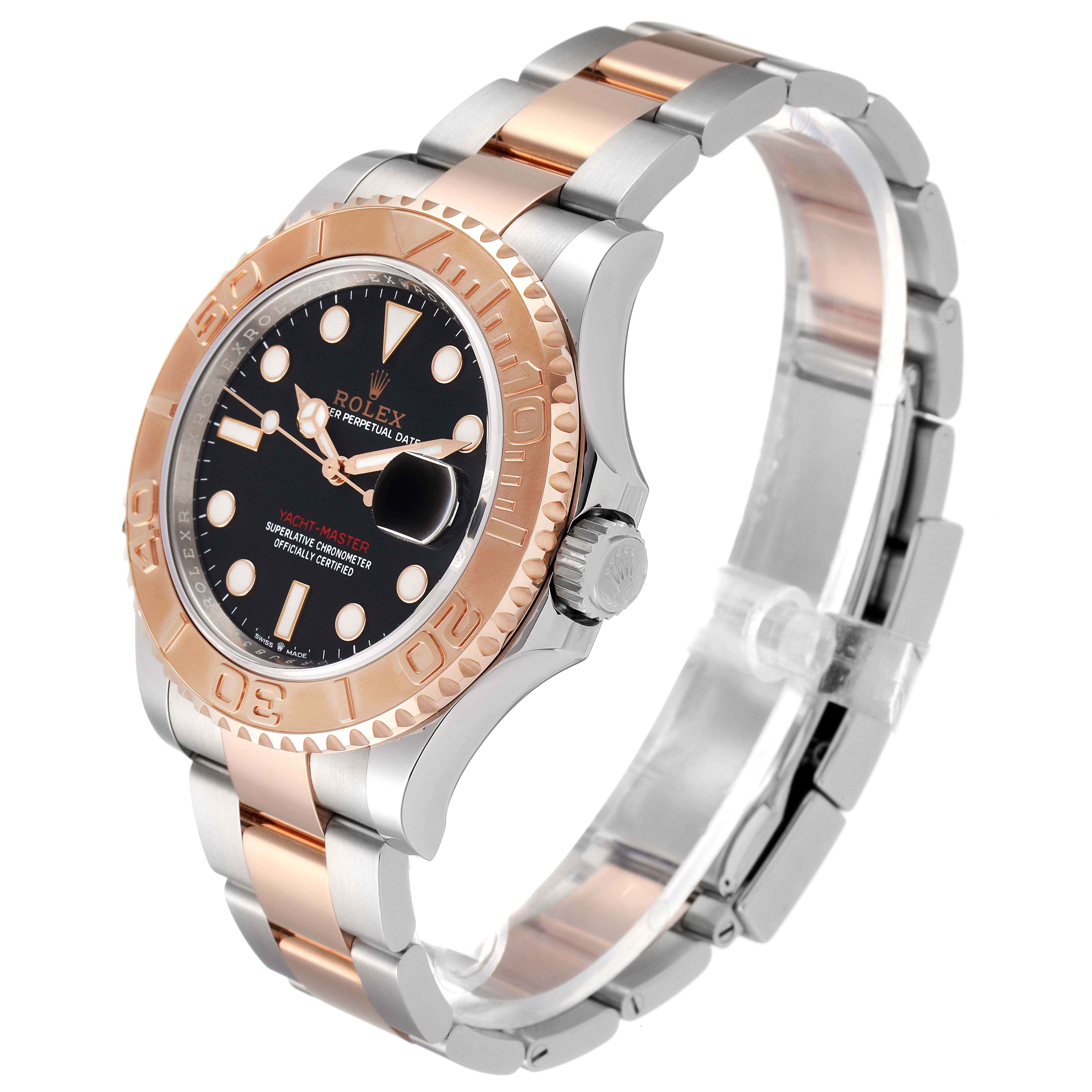 The Rolex Yacht-Master 126621 Men
s Steel and Gold (two tone) Black Dial 126621 Men
s Steel and Gold (two tone) Black Dial watch is shown at a three-quarter angle, highlighting its face, bezel, crown, and bracelet.