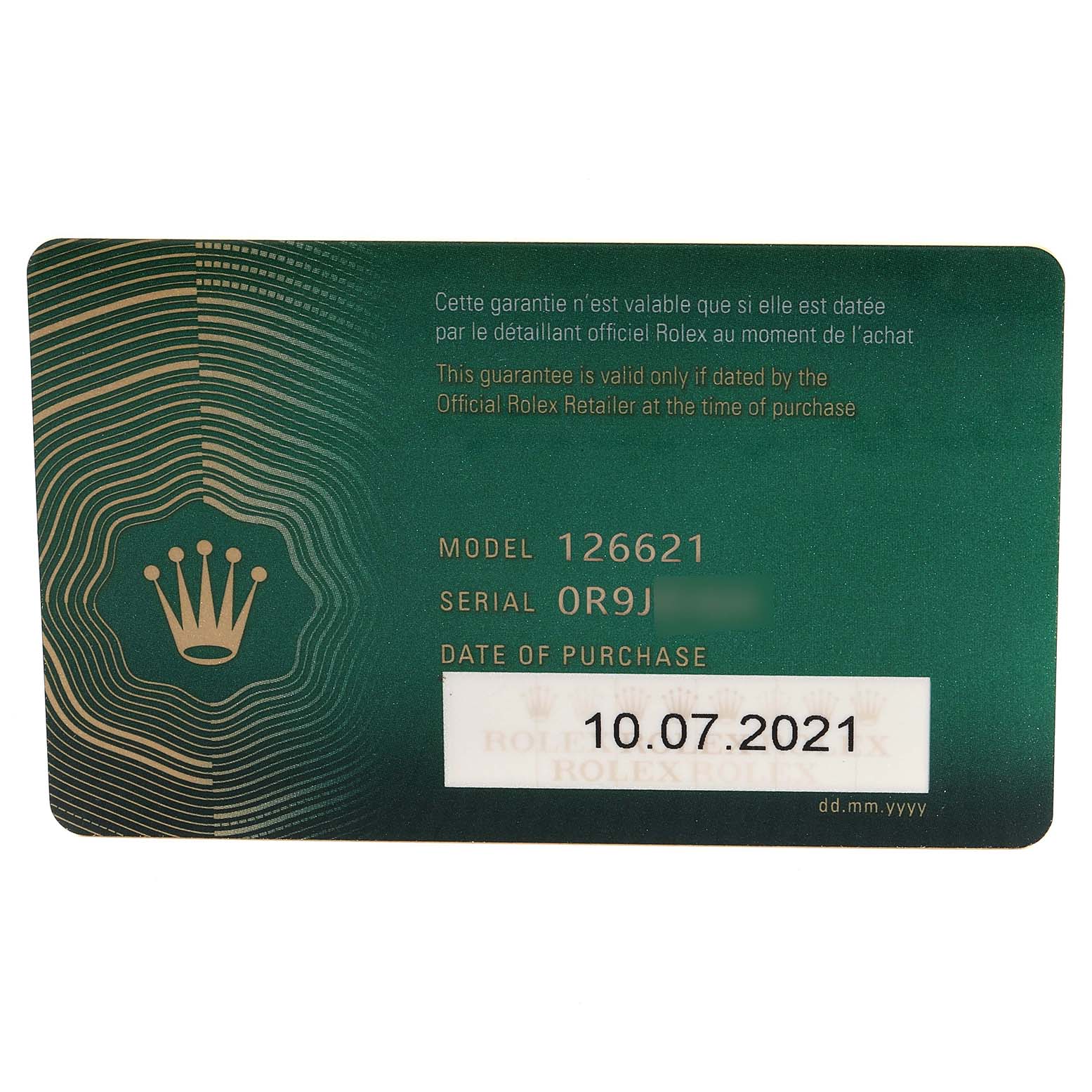 The image shows a warranty card for the Rolex Yacht-Master 126621 Men
s Steel and Gold (two tone) Black Dial 126621 Men
s Steel and Gold (two tone) Black Dial model 126621.