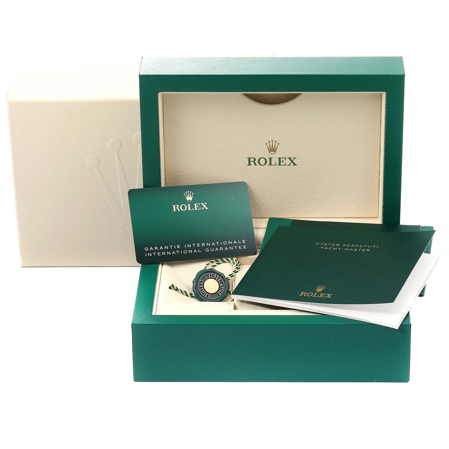 The image shows the box and paperwork for a Rolex Yacht-Master 126621 Men
s Steel and Gold (two tone) Black Dial 126621 Men
s Steel and Gold (two tone) Black Dial, including warranty cards and manuals.