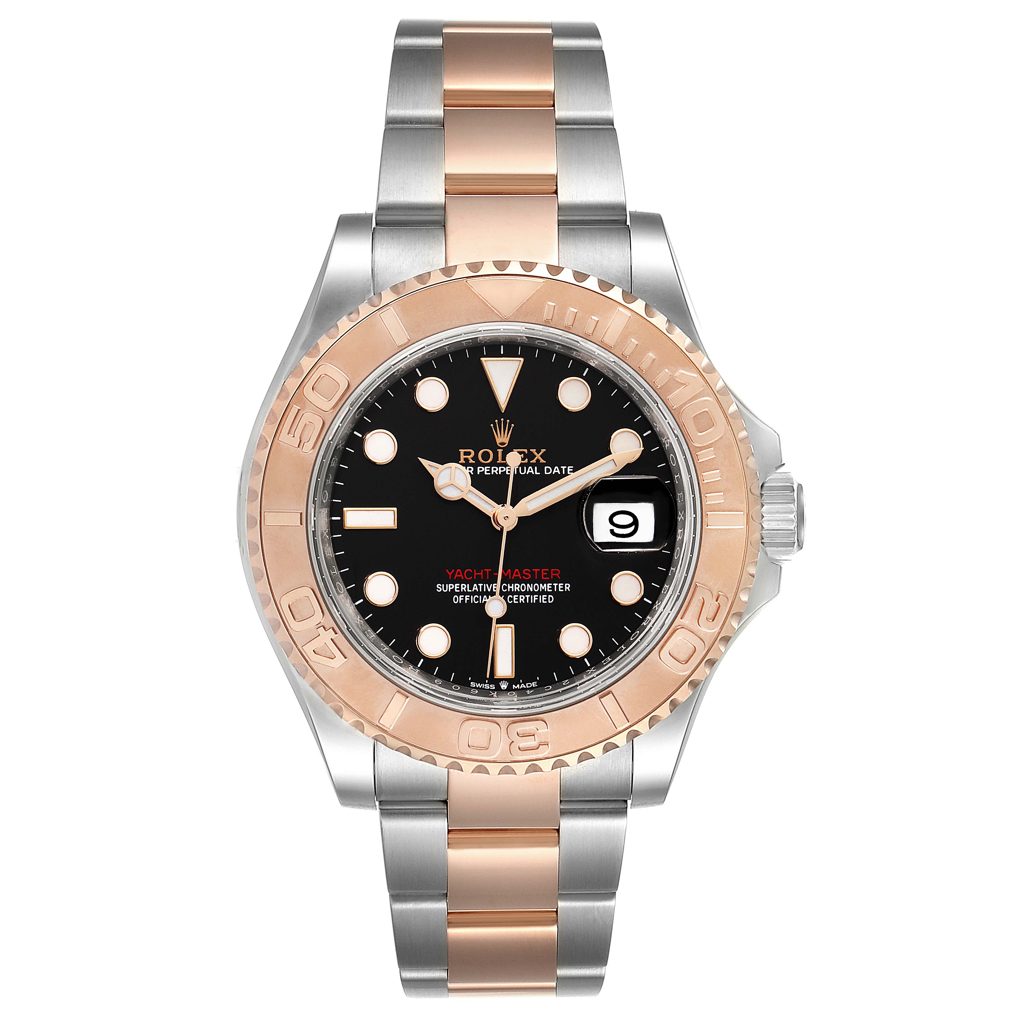 This image shows a frontal view of the Rolex Yacht-Master 126621 Men
s Steel and Gold (two tone) Black Dial 126621 Men
s Steel and Gold (two tone) Black Dial watch, highlighting its bezel, dial, and bracelet.