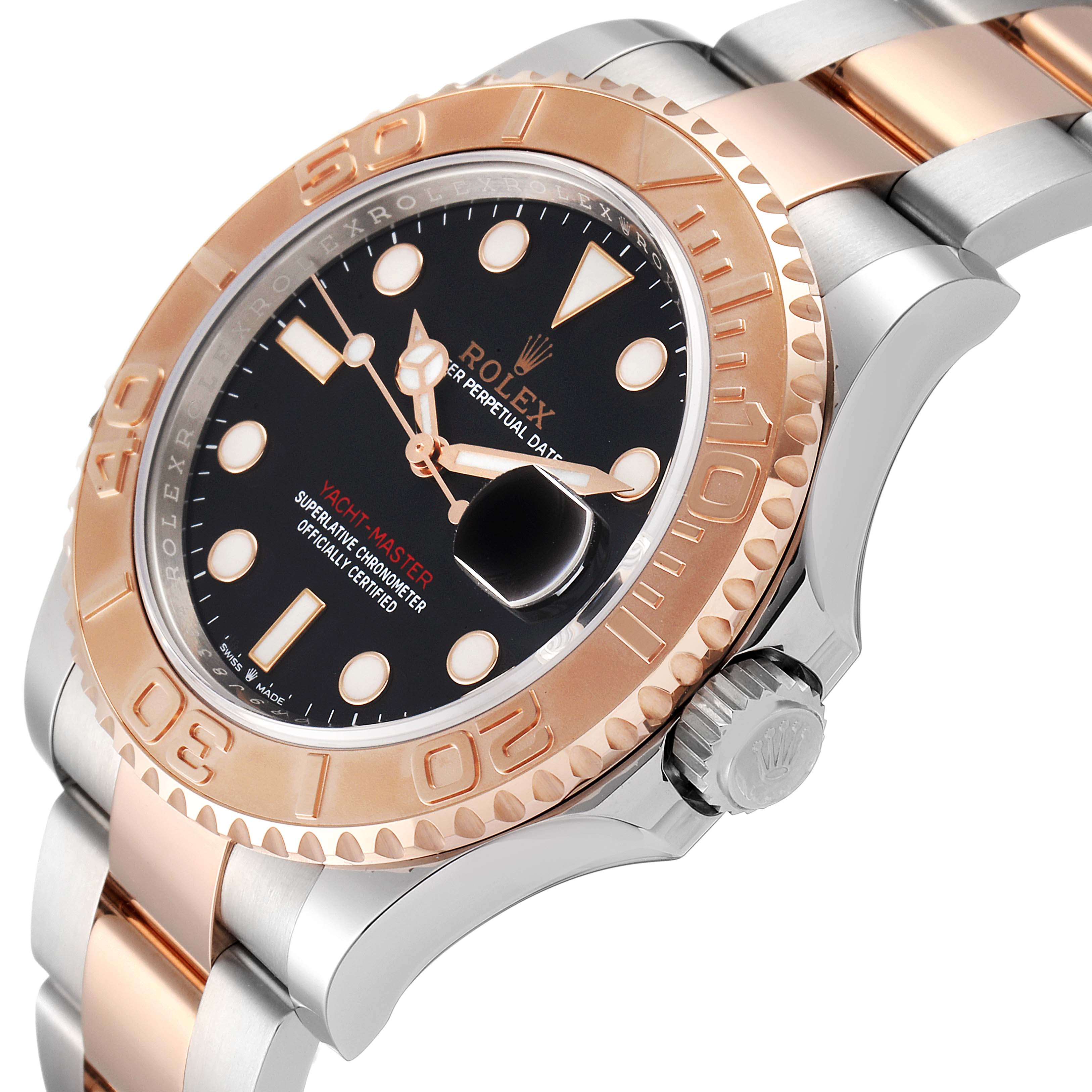 The image shows a close-up side view of a Rolex Yacht-Master 126621 Men
s Steel and Gold (two tone) Black Dial 126621 Men
s Steel and Gold (two tone) Black Dial watch, focusing on the dial, bezel, and part of the bracelet.
