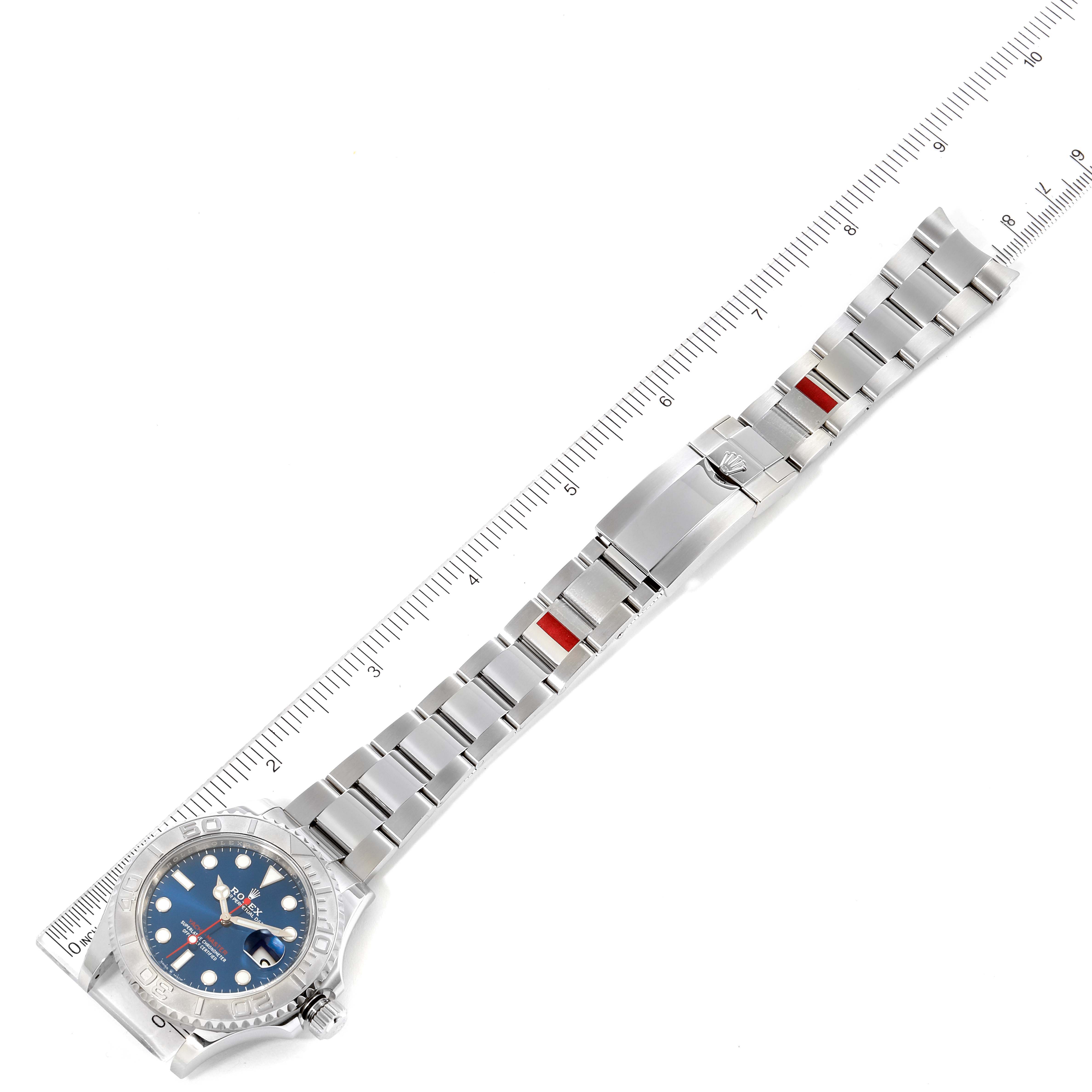 This image shows a Rolex Yacht-Master 126622 Men's Stainless Steel Blue Dial 126622 Men's Stainless Steel Blue Dial watch laid flat, displaying the full length of the bracelet and clasp from an overhead angle.