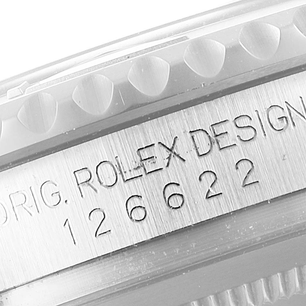 This close-up image shows the engraved side of the Rolex Yacht-Master 126622 Men's Stainless Steel Blue Dial 126622 Men's Stainless Steel Blue Dial watch, displaying the model number and part of the bezel.