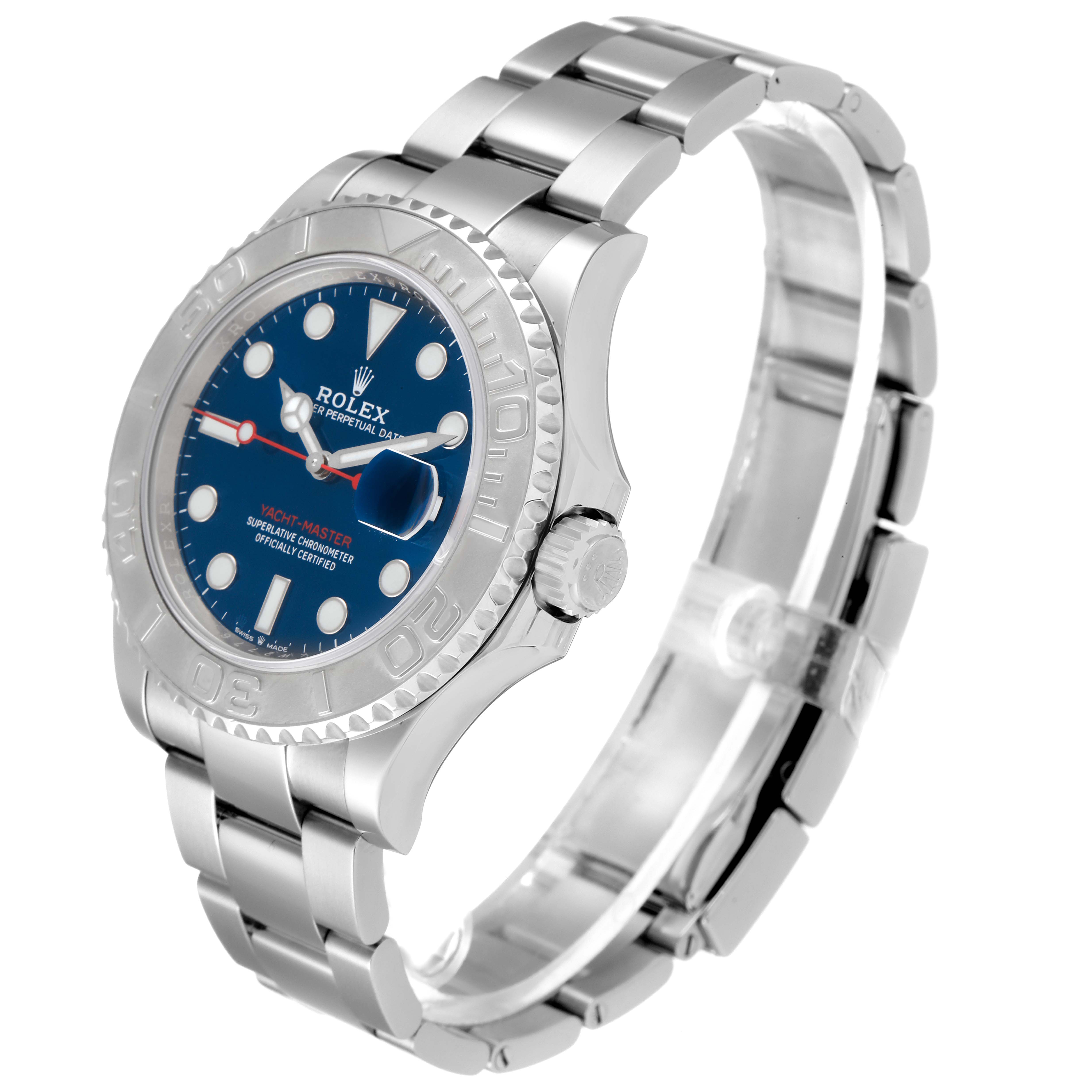 This image shows a side angle of a Rolex Yacht-Master 126622 Men's Stainless Steel Blue Dial 126622 Men's Stainless Steel Blue Dial watch, displaying its face, bezel, crown, and bracelet.