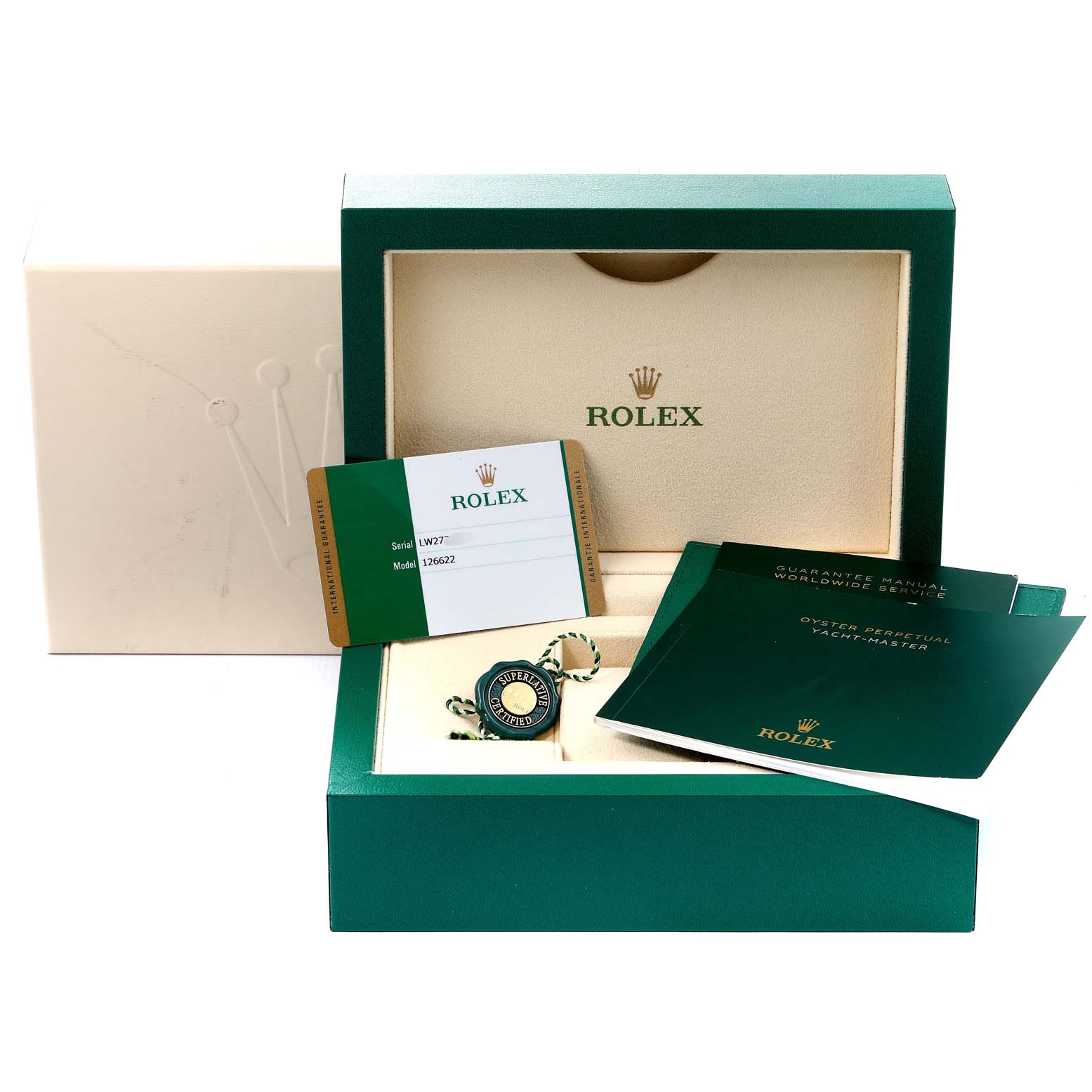 This image shows the open box, warranty card, hang tag, and manuals for the Rolex Yacht-Master 126622 Men's Stainless Steel Blue Dial 126622 Men's Stainless Steel Blue Dial watch.