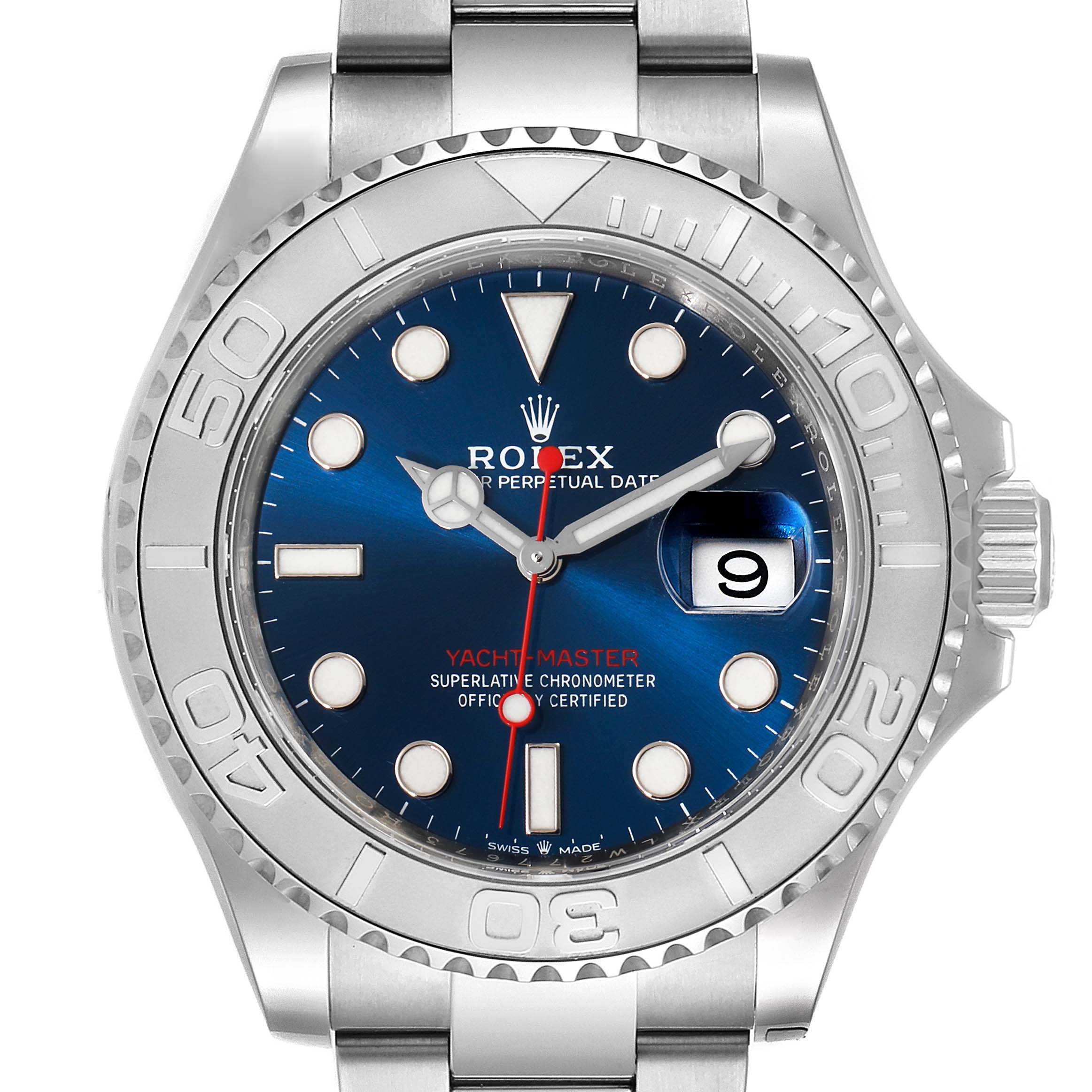 This Rolex Yacht-Master 126622 Men's Stainless Steel Blue Dial 126622 Men's Stainless Steel Blue Dial watch is shown from the front, highlighting the bezel, dial, and date window.