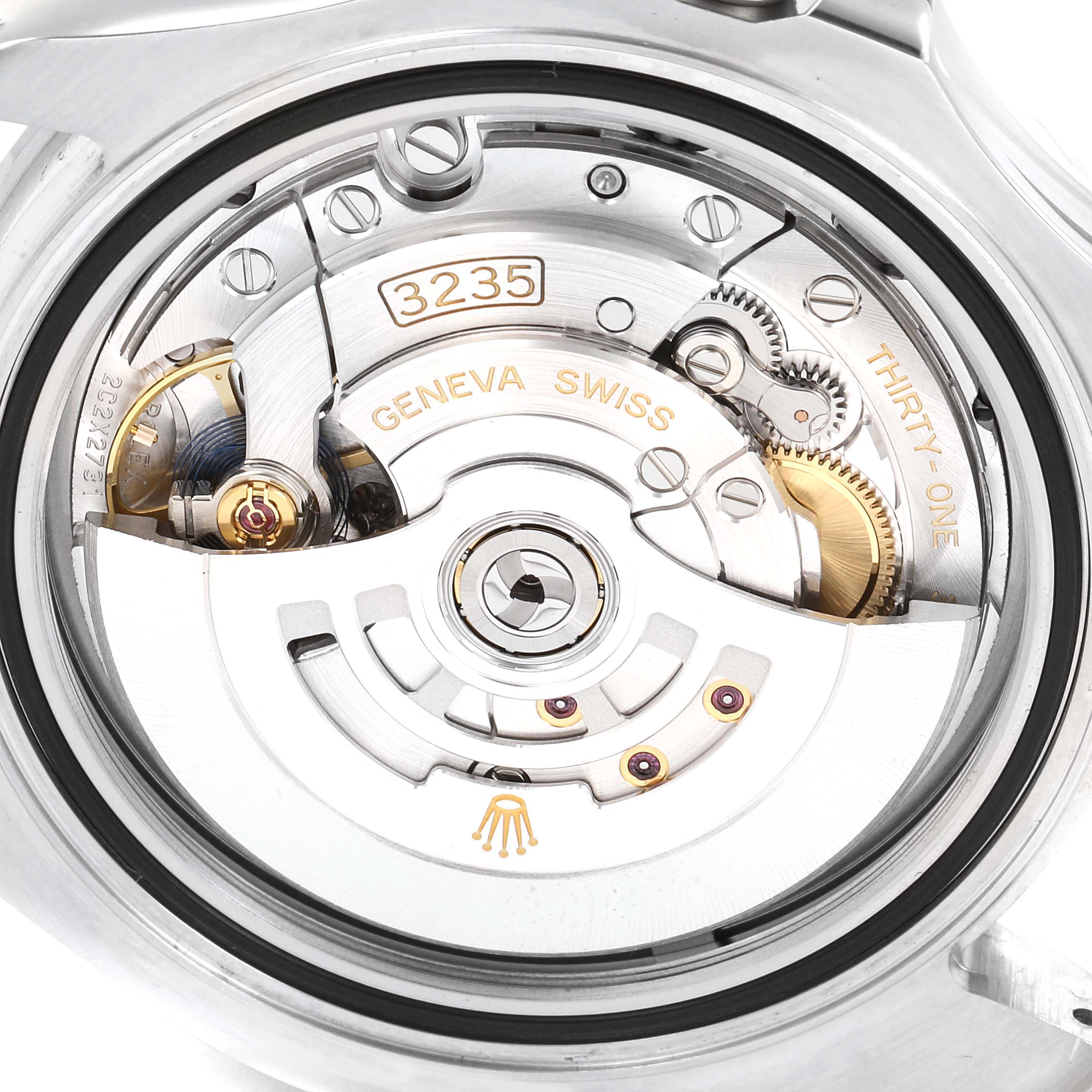 This image shows a close-up of the Rolex Yacht-Master 126622 Men's Stainless Steel Blue Dial 126622 Men's Stainless Steel Blue Dial's movement, specifically the inside mechanics and rotor.