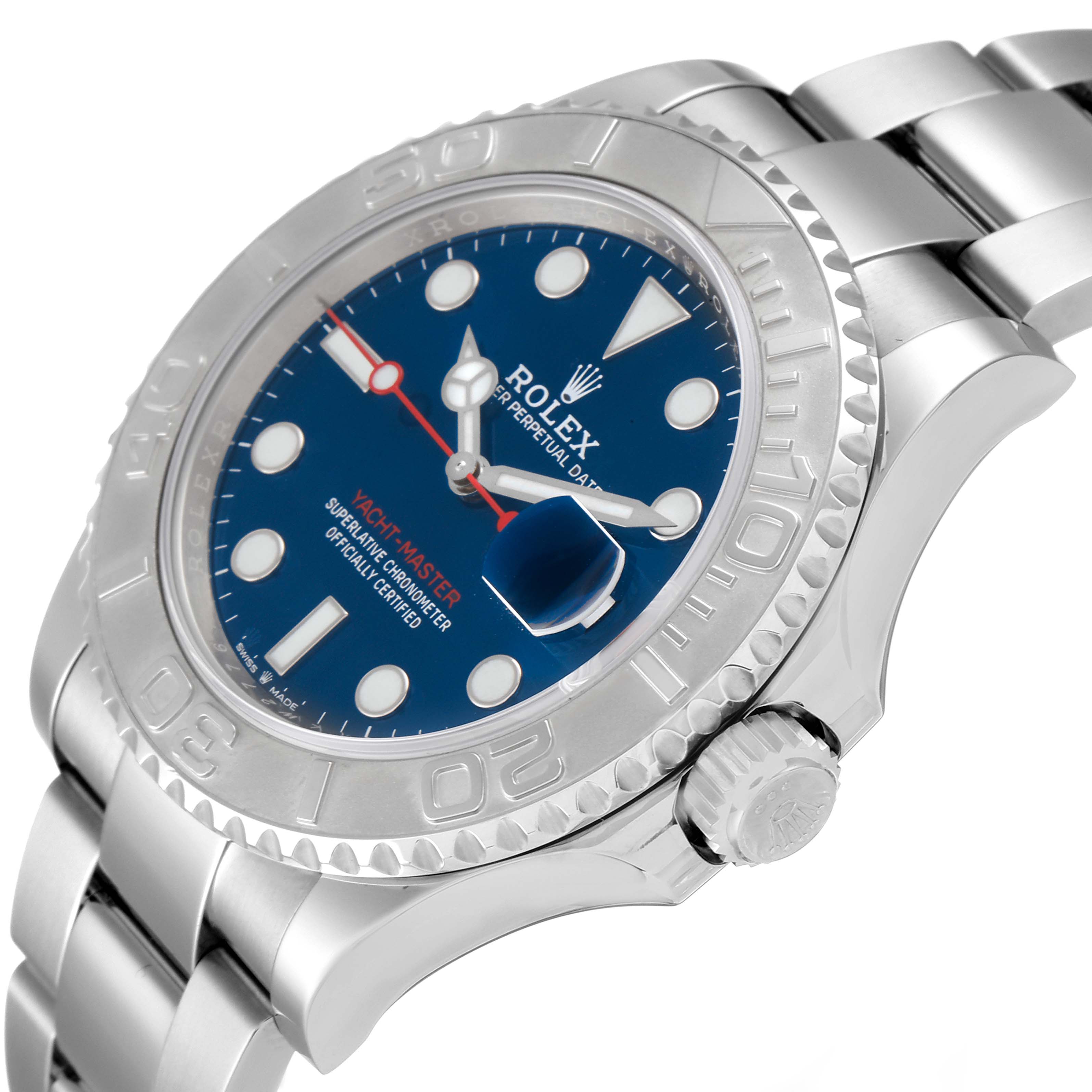 The image shows a close-up side angle of a Rolex Yacht-Master 126622 Men's Stainless Steel Blue Dial 126622 Men's Stainless Steel Blue Dial watch, highlighting its bezel, dial, and crown.