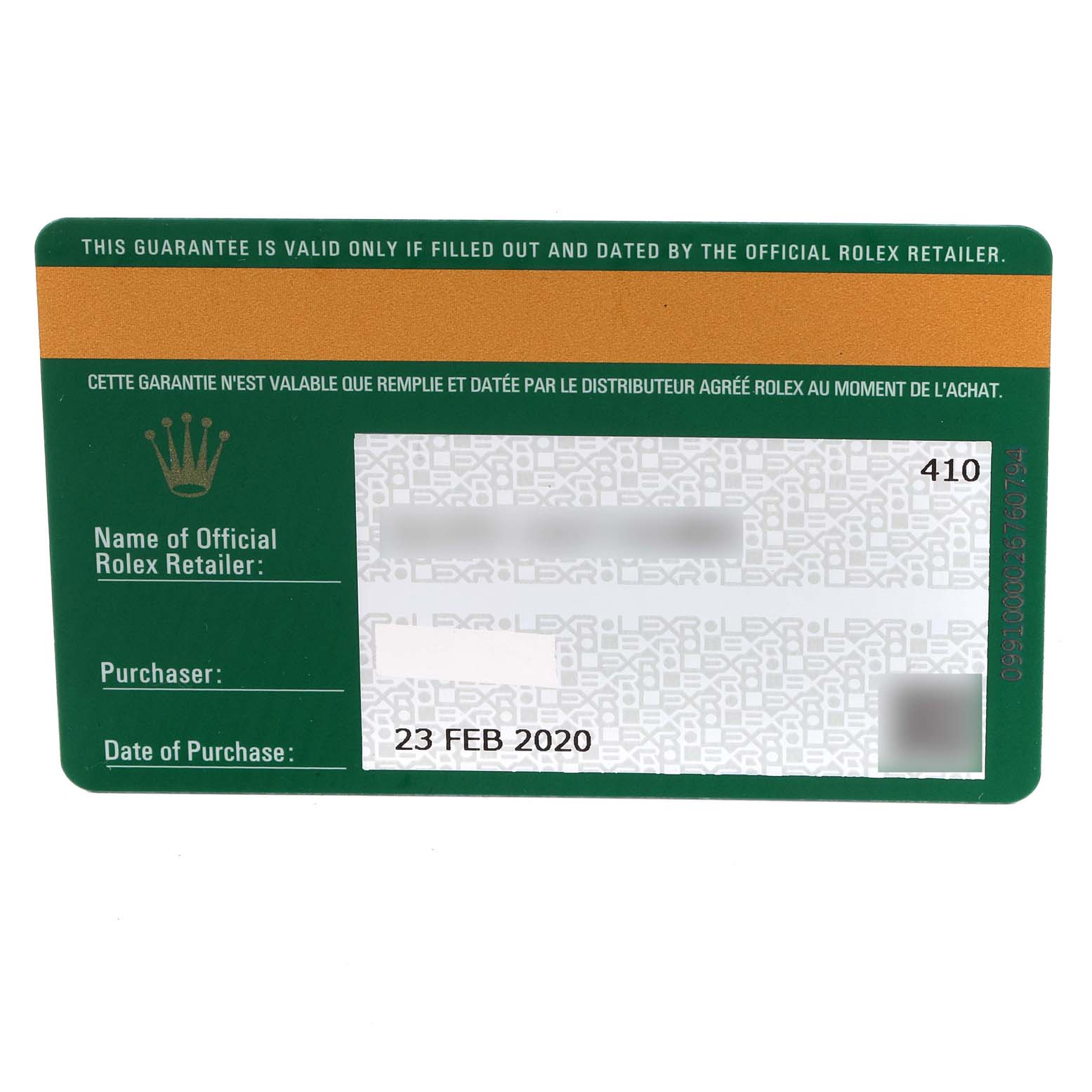 This image shows the warranty card for the Rolex Yacht-Master 126622 Men's Stainless Steel Blue Dial 126622 Men's Stainless Steel Blue Dial watch, displaying purchase details and retailer information.