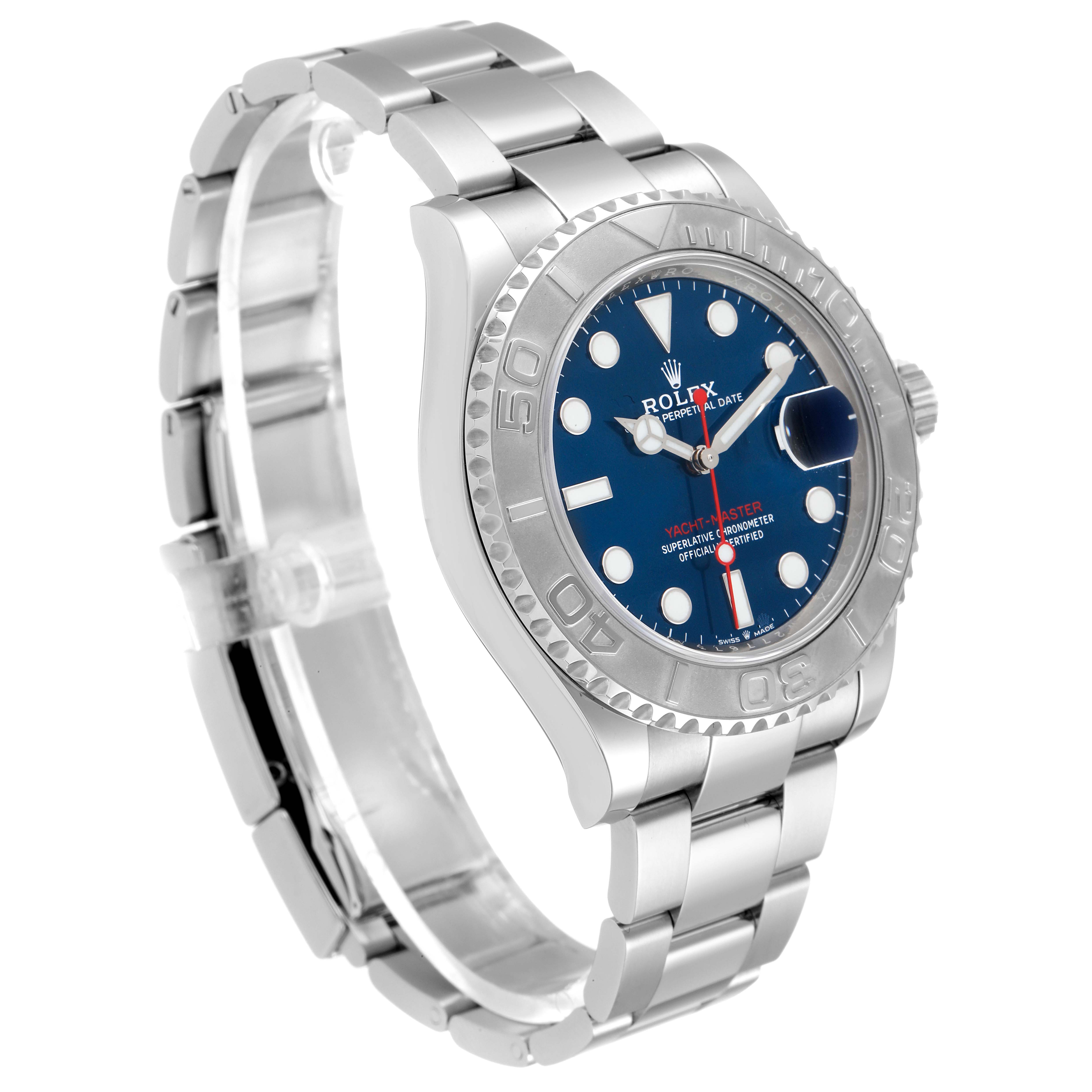 The Rolex Yacht-Master 126622 Men's Stainless Steel Blue Dial 126622 Men's Stainless Steel Blue Dial watch is shown at a three-quarter angle focusing on the face, bezel, and bracelet.