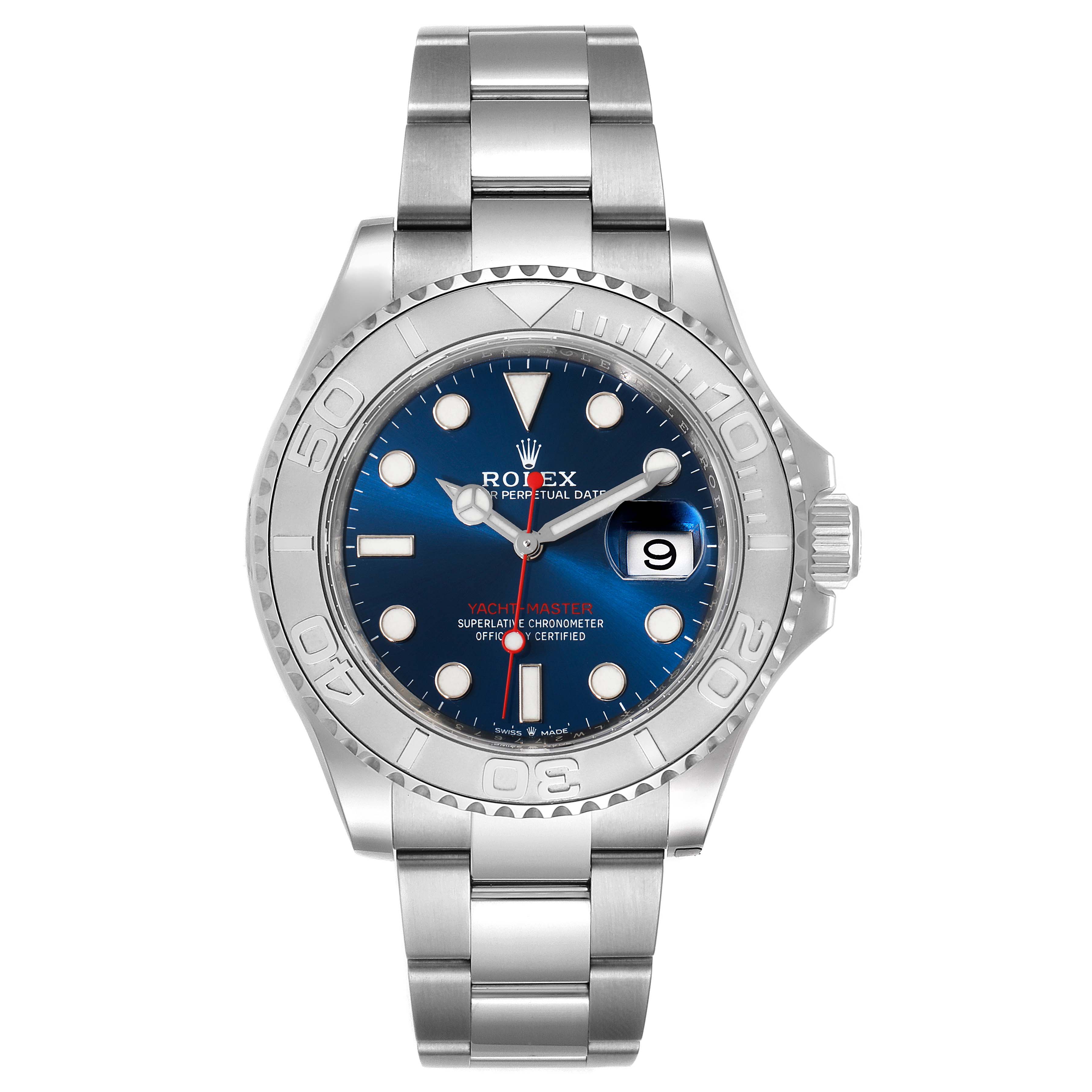 The image shows a front view of a Rolex Yacht-Master 126622 Men's Stainless Steel Blue Dial 126622 Men's Stainless Steel Blue Dial watch, highlighting its blue dial, bezel, and metal bracelet.