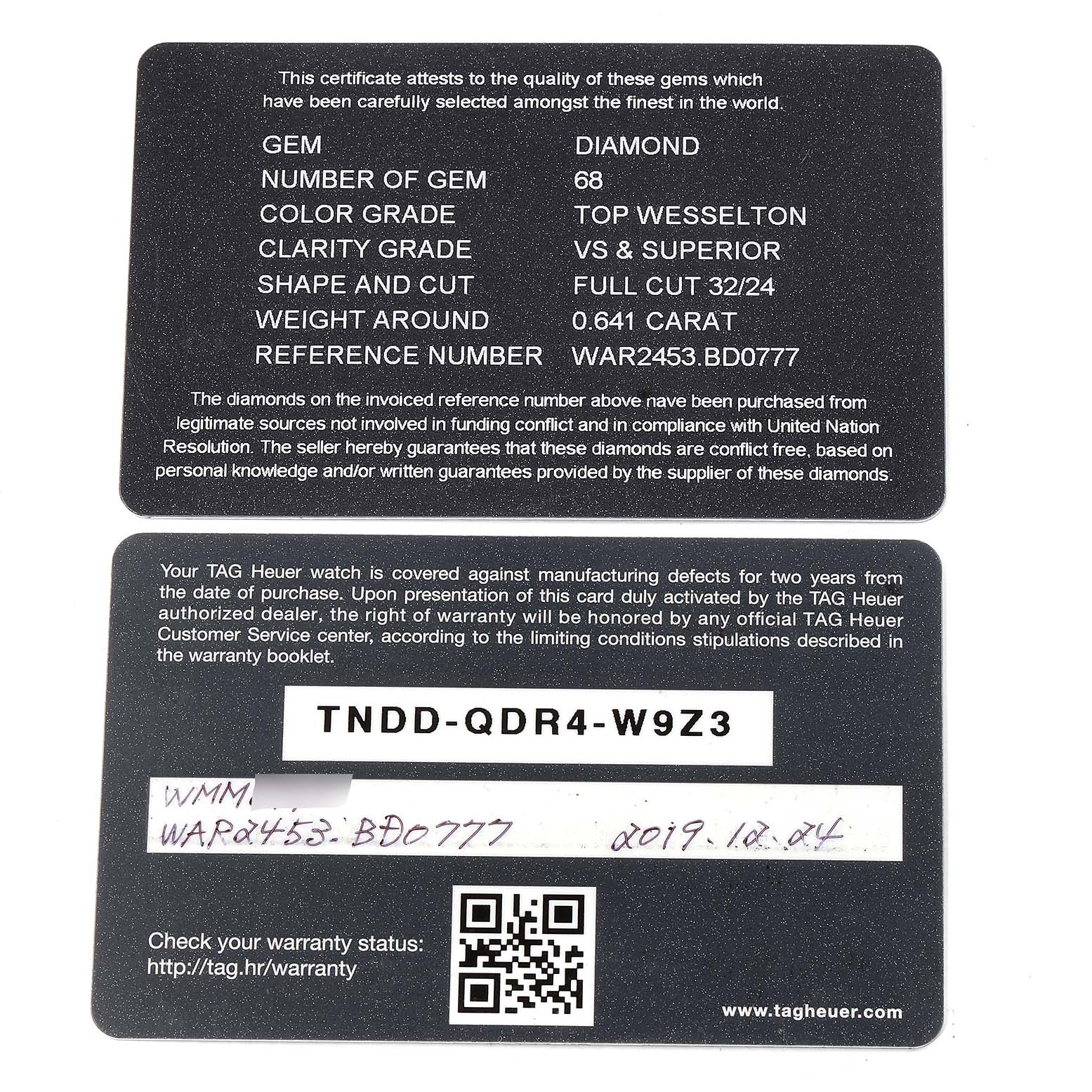 This image shows the diamond certificate and warranty card for a Tag Heuer Carrera WAR2453.BD0777 Women's Steel and Gold (two tone) Mother of Pearl Dial WAR2453.BD0777 Women's Steel and Gold (two tone) Mother of Pearl Dial model watch.