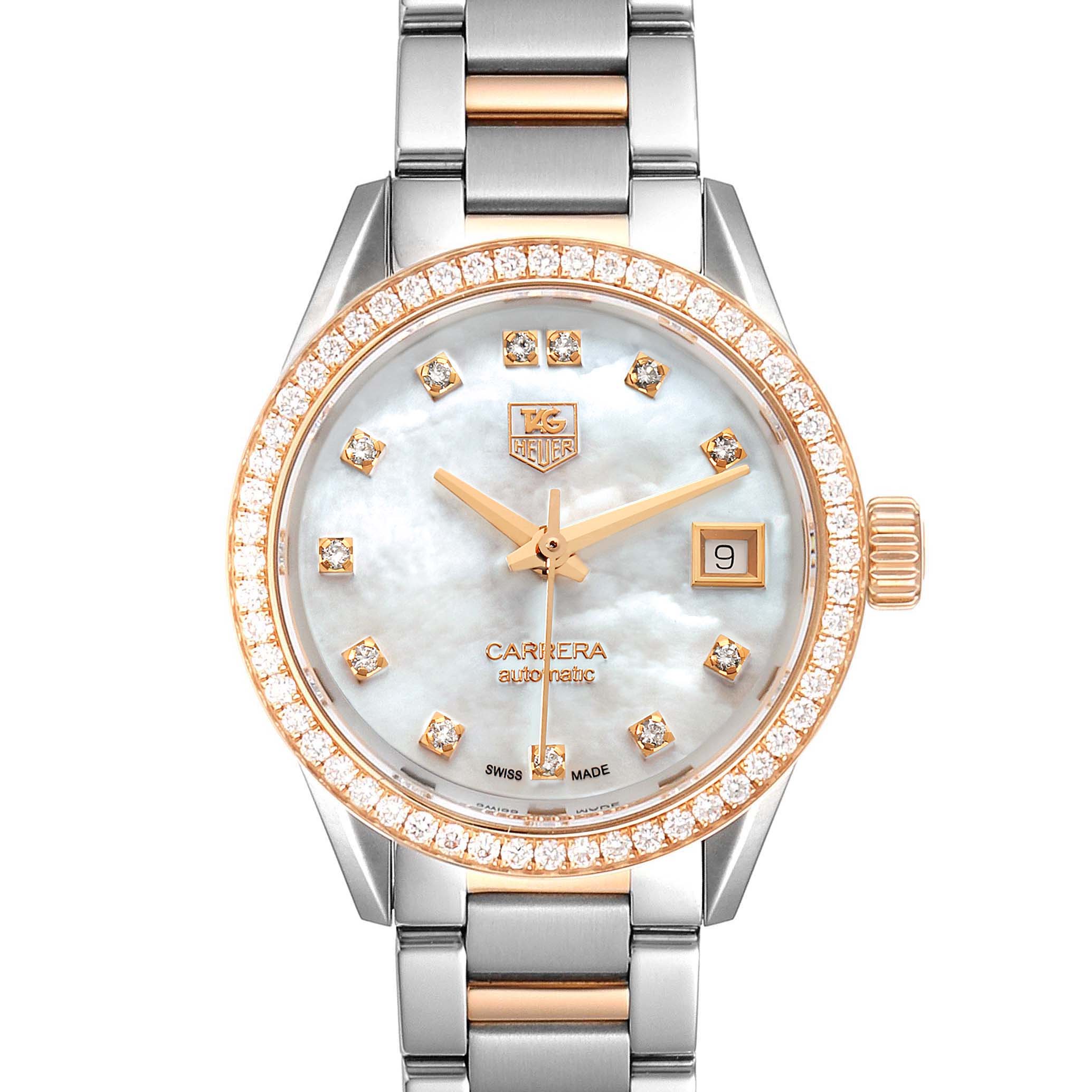The image shows a front view of a Tag Heuer Carrera WAR2453.BD0777 Women's Steel and Gold (two tone) Mother of Pearl Dial WAR2453.BD0777 Women's Steel and Gold (two tone) Mother of Pearl Dial watch, highlighting the dial, bezel, and bracelet.