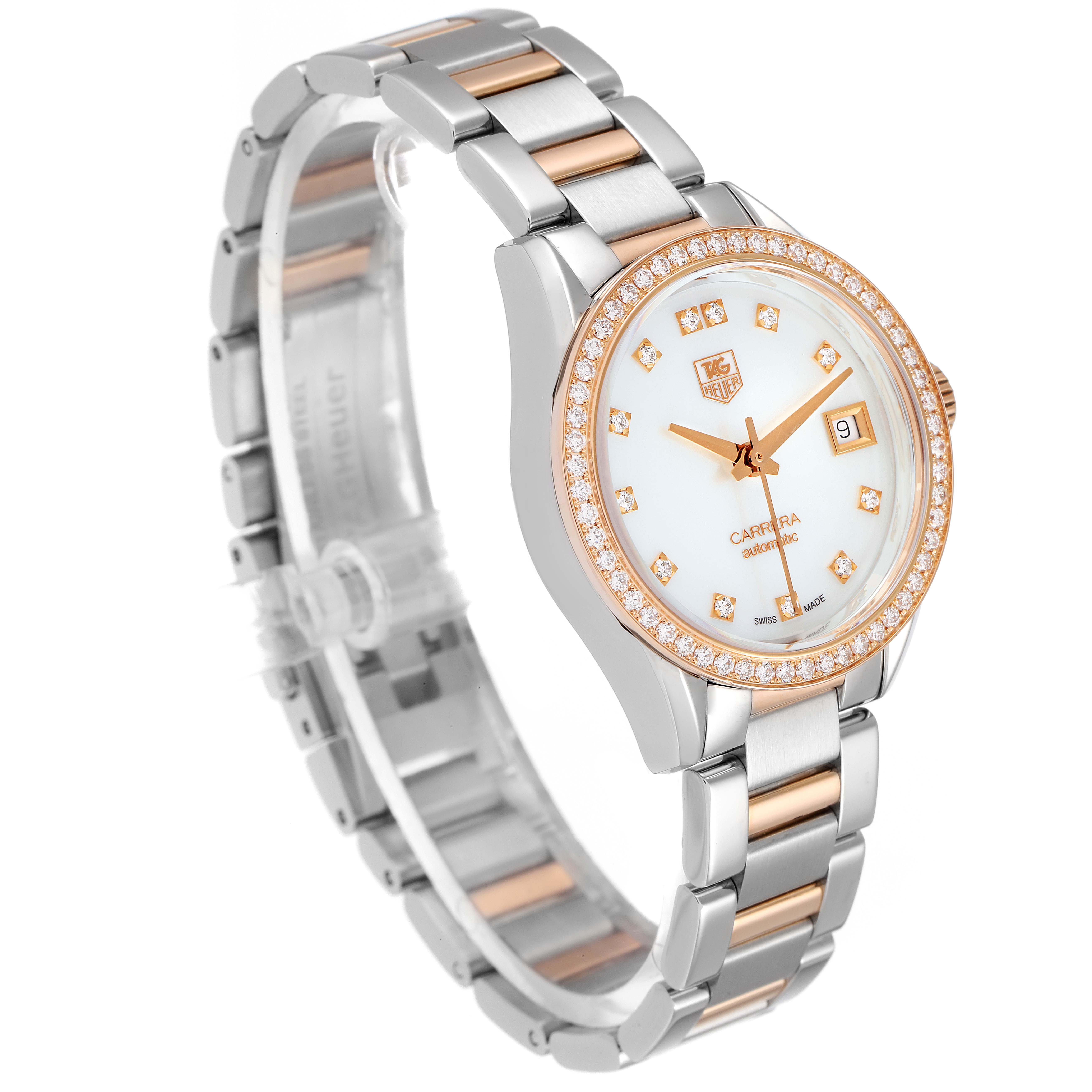 The watch is pictured at an angled view, highlighting the Tag Heuer Carrera WAR2453.BD0777 Women's Steel and Gold (two tone) Mother of Pearl Dial WAR2453.BD0777 Women's Steel and Gold (two tone) Mother of Pearl Dial model's face, bezel, and bracelet links.