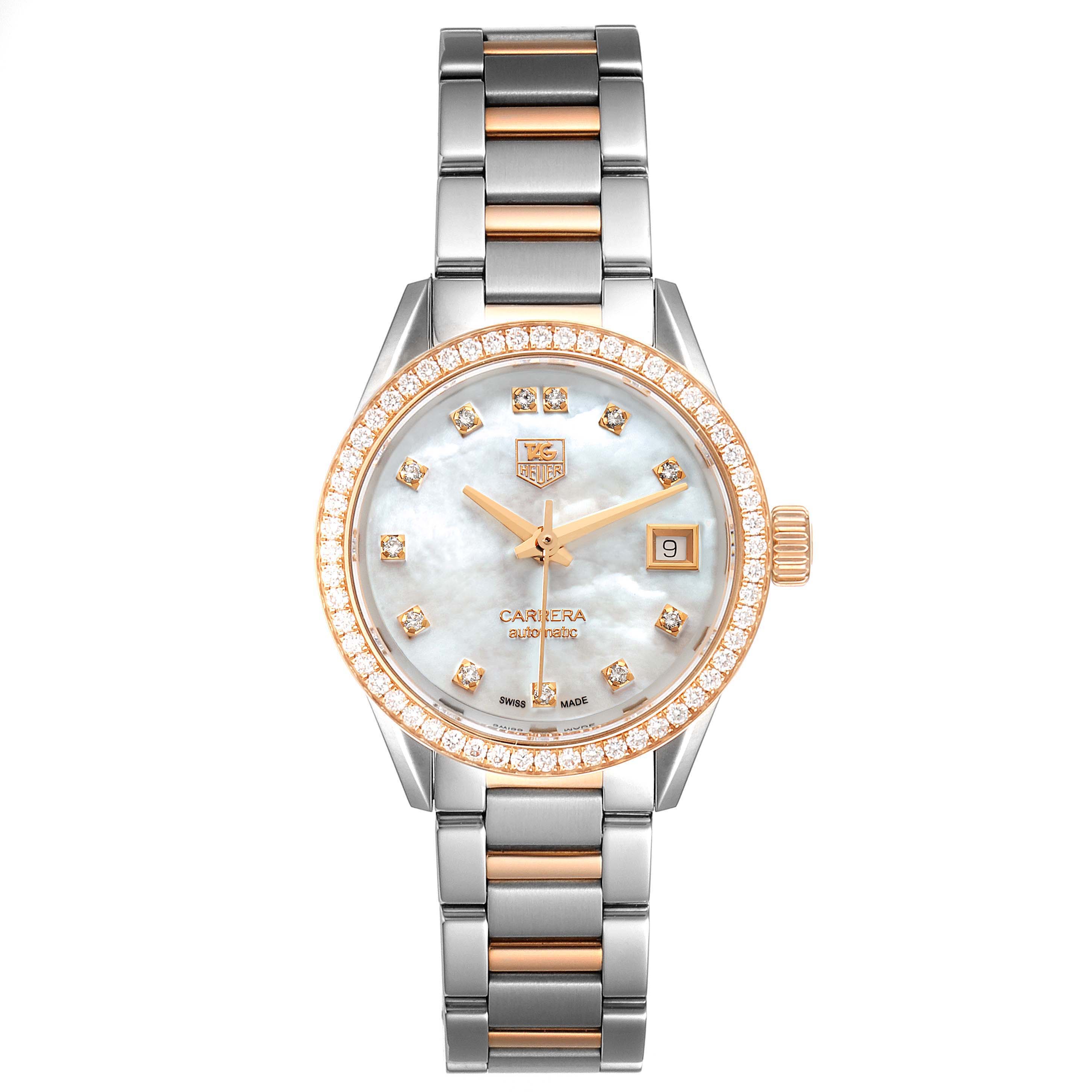 This image shows the front view of a Tag Heuer Carrera WAR2453.BD0777 Women's Steel and Gold (two tone) Mother of Pearl Dial WAR2453.BD0777 Women's Steel and Gold (two tone) Mother of Pearl Dial watch with a metal and gold bracelet and a diamond-accented bezel.