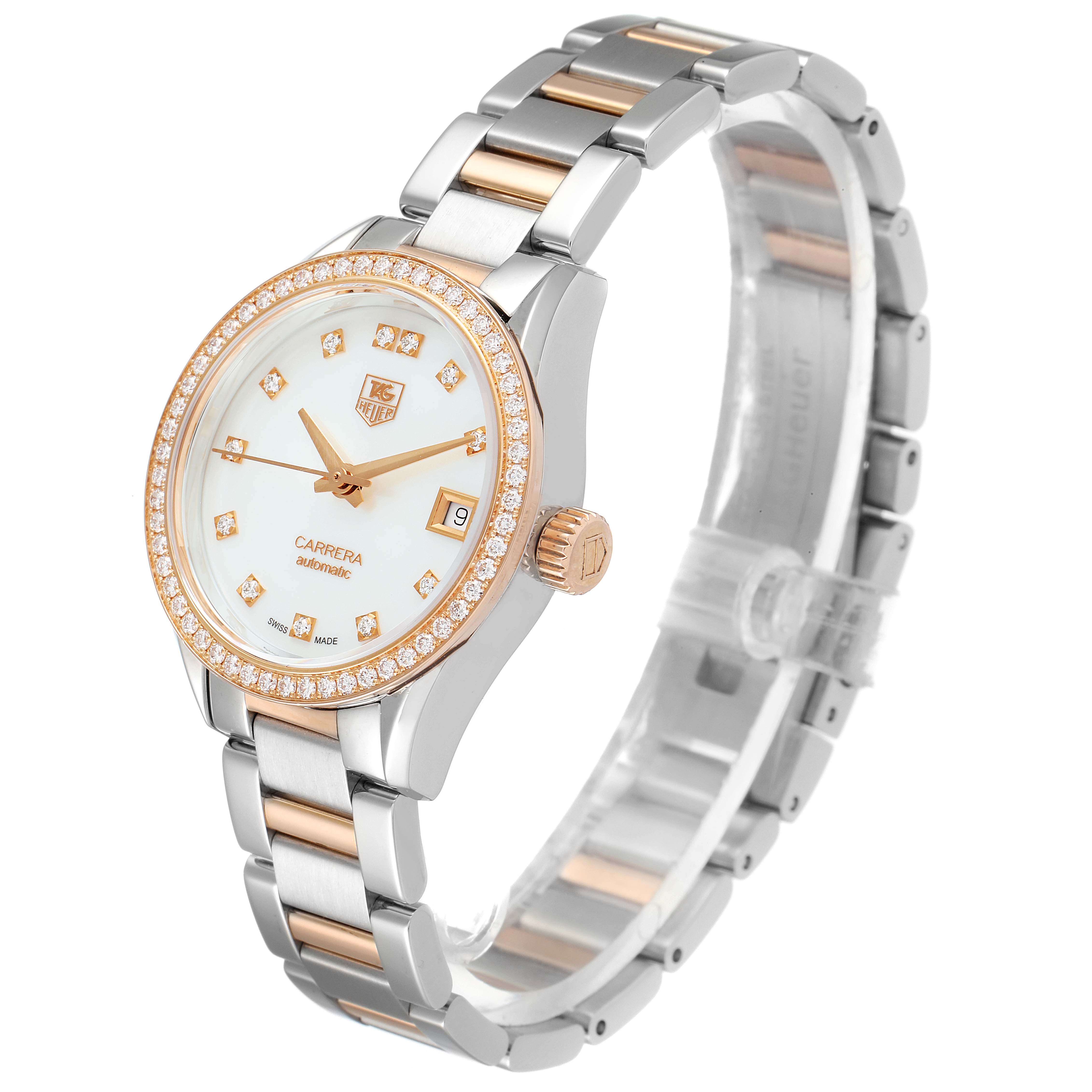 This image shows a side view of the Tag Heuer Carrera WAR2453.BD0777 Women's Steel and Gold (two tone) Mother of Pearl Dial WAR2453.BD0777 Women's Steel and Gold (two tone) Mother of Pearl Dial watch, highlighting the face, bezel, and part of the bracelet.