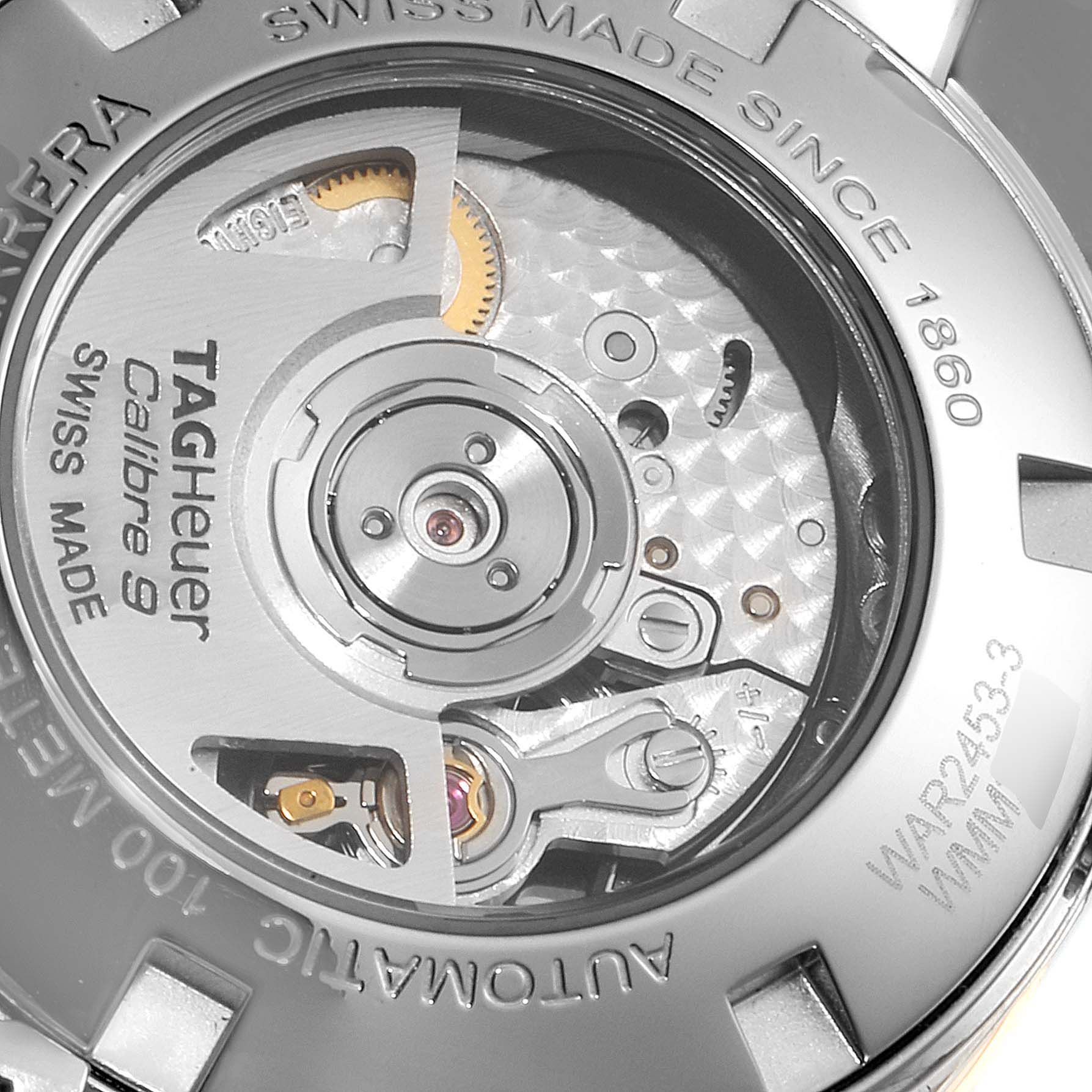 The image shows the back view of the Tag Heuer Carrera WAR2453.BD0777 Women's Steel and Gold (two tone) Mother of Pearl Dial WAR2453.BD0777 Women's Steel and Gold (two tone) Mother of Pearl Dial model, revealing its Calibre 9 automatic movement.