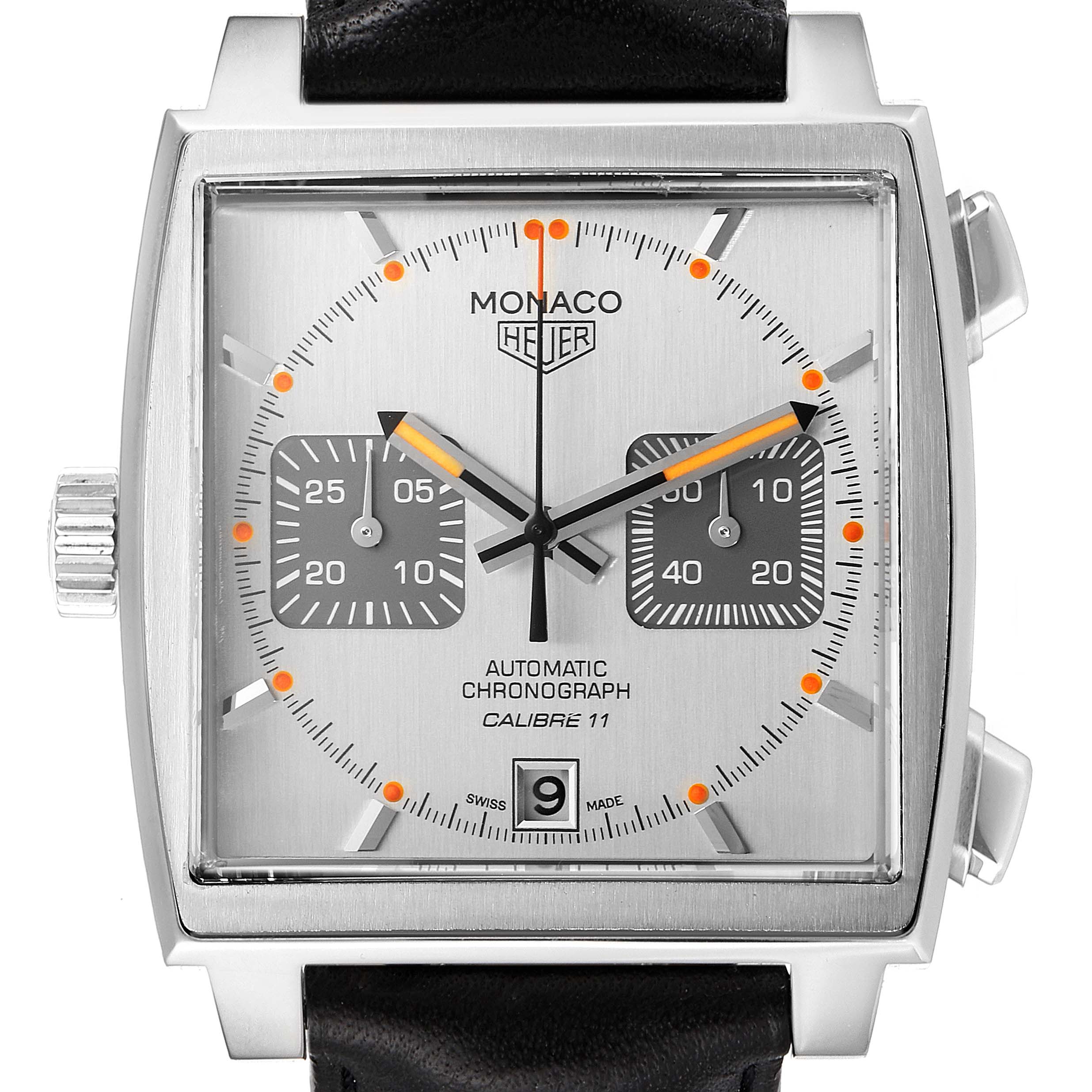 The image shows the front view of a Tag Heuer Monaco Limited Edition watch face with black leather strap, displaying time, date, and chronographs.