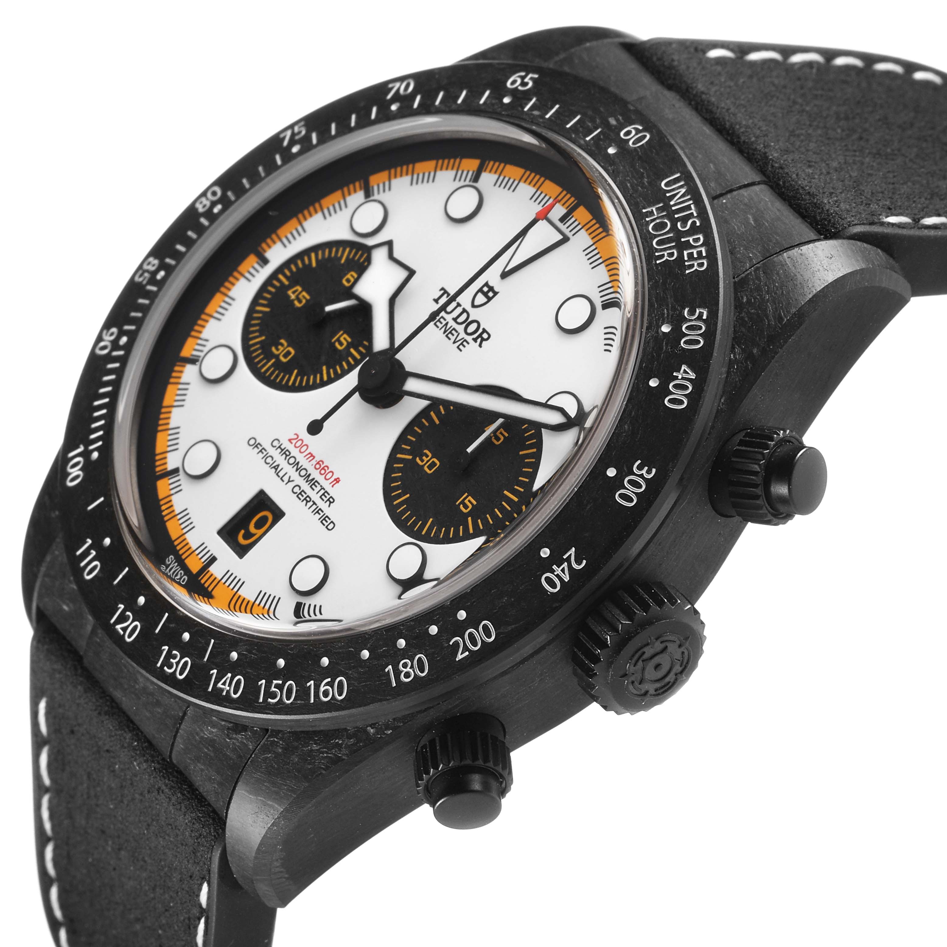 The image shows a Tudor Heritage Black Bay 79377KN Men's Titanium White Dial watch at an angled side view highlighting the dial, bezel, crown, and strap.