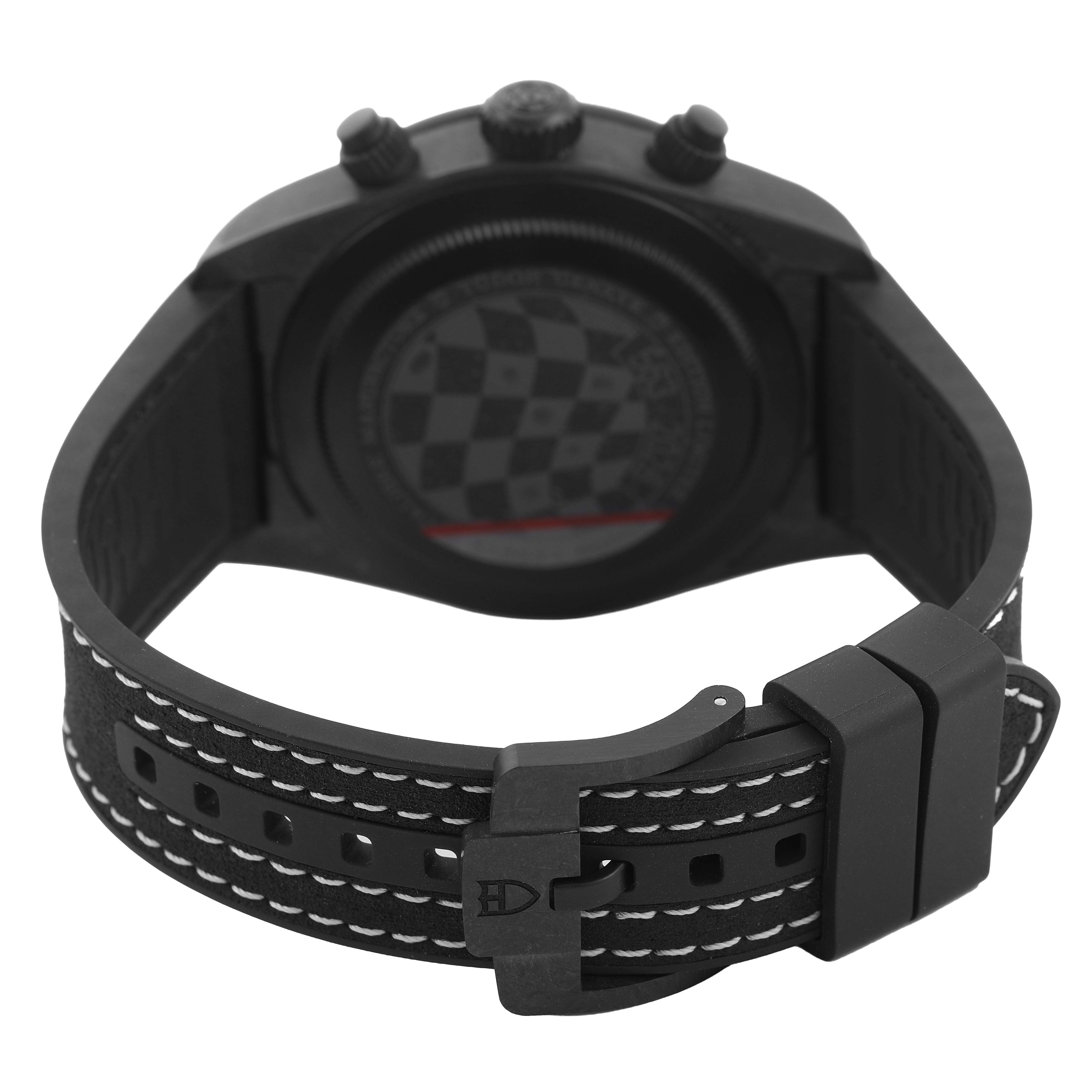 The image shows the back and strap of a Tudor Heritage Black Bay 79377KN Men's Titanium White Dial watch with a focus on the clasp and stitching details.