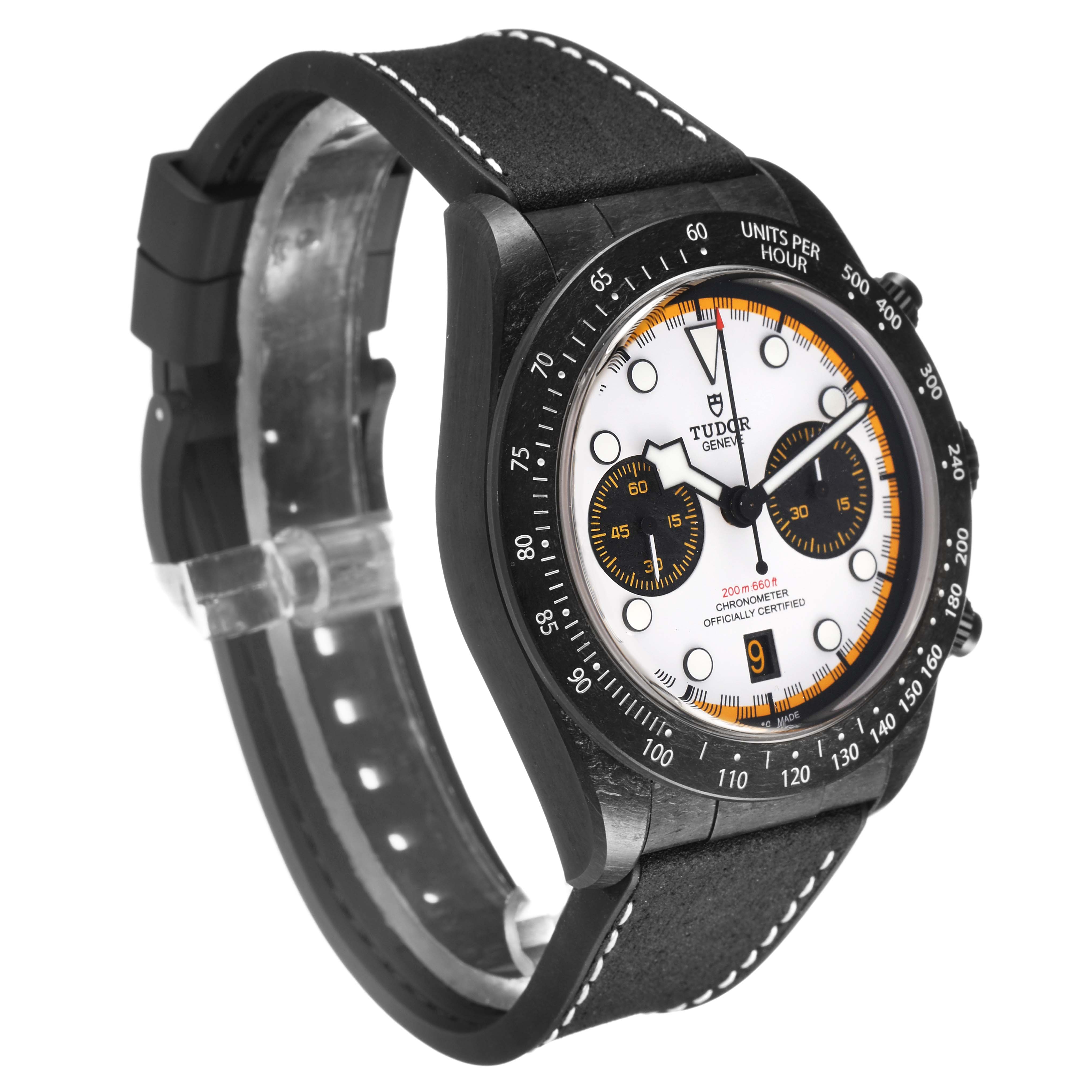 The image shows a Tudor Heritage Black Bay 79377KN Men's Titanium White Dial watch at a three-quarter angle, highlighting the face, bezel, strap, and side buttons.
